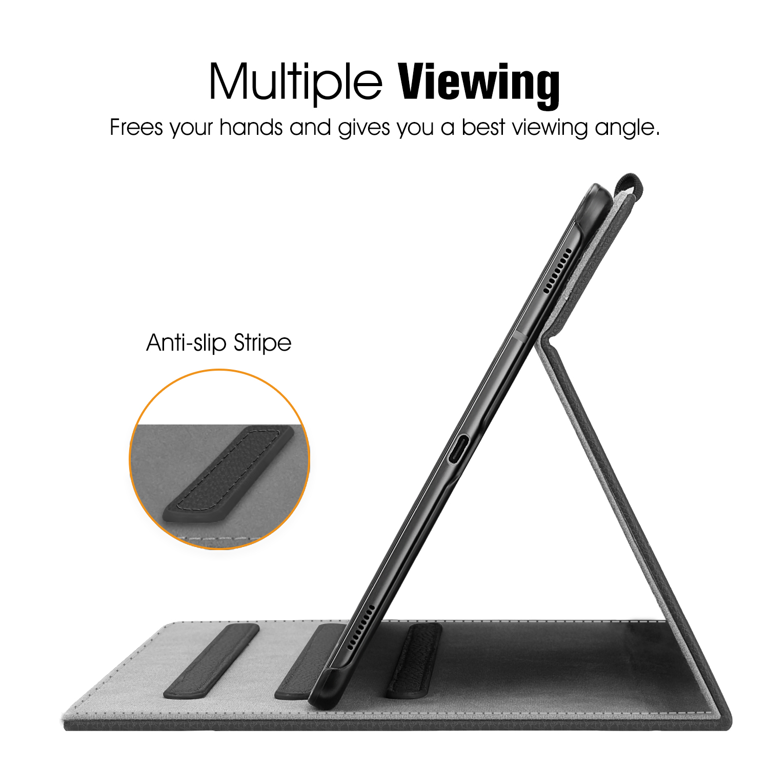 Tablet in grauem Gehäuse, geöffnet und aufgestellt. Text: Multiple Viewing und Anti-Rutsch-Streifen.