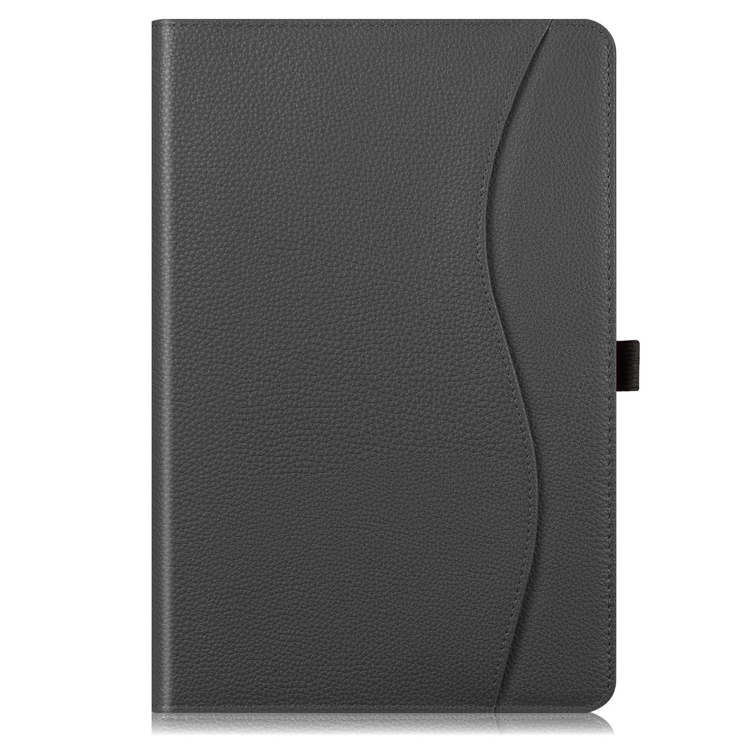 Schwarze Tablethülle, geschlossen, mit geschwungenem Design und schwarzem Band.