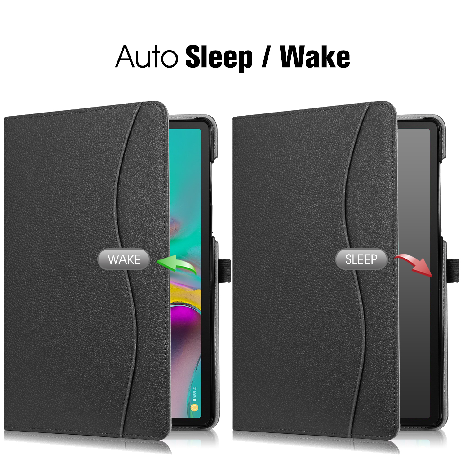 Schwarze Tablethülle offen und geschlossen. Zeigt ein Tablet im Inneren. Grauer Hintergrund. Text: Auto Sleep/Wake.