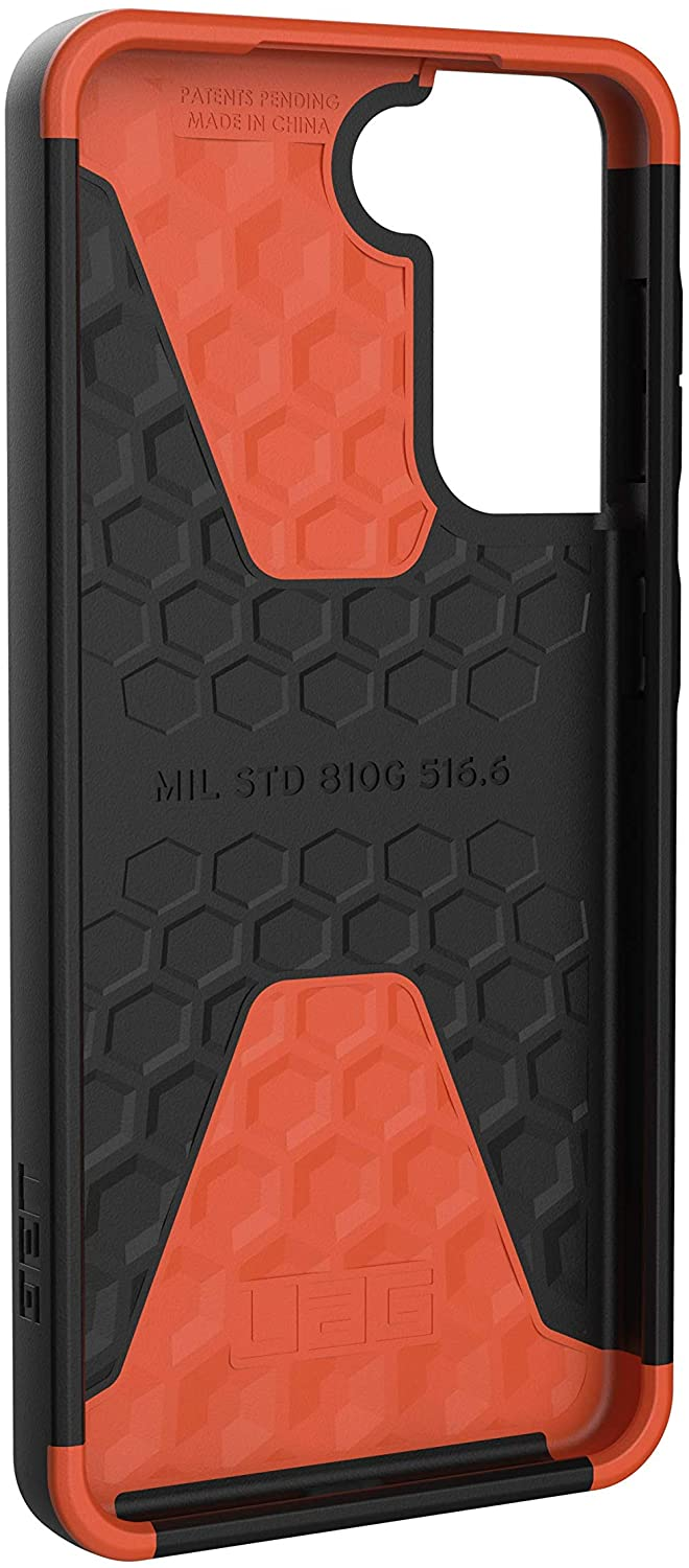 Orange und schwarze Handyhülle. Sie hat ein Wabenmuster. Die Hülle ist offen, innen orange, außen schwarz.