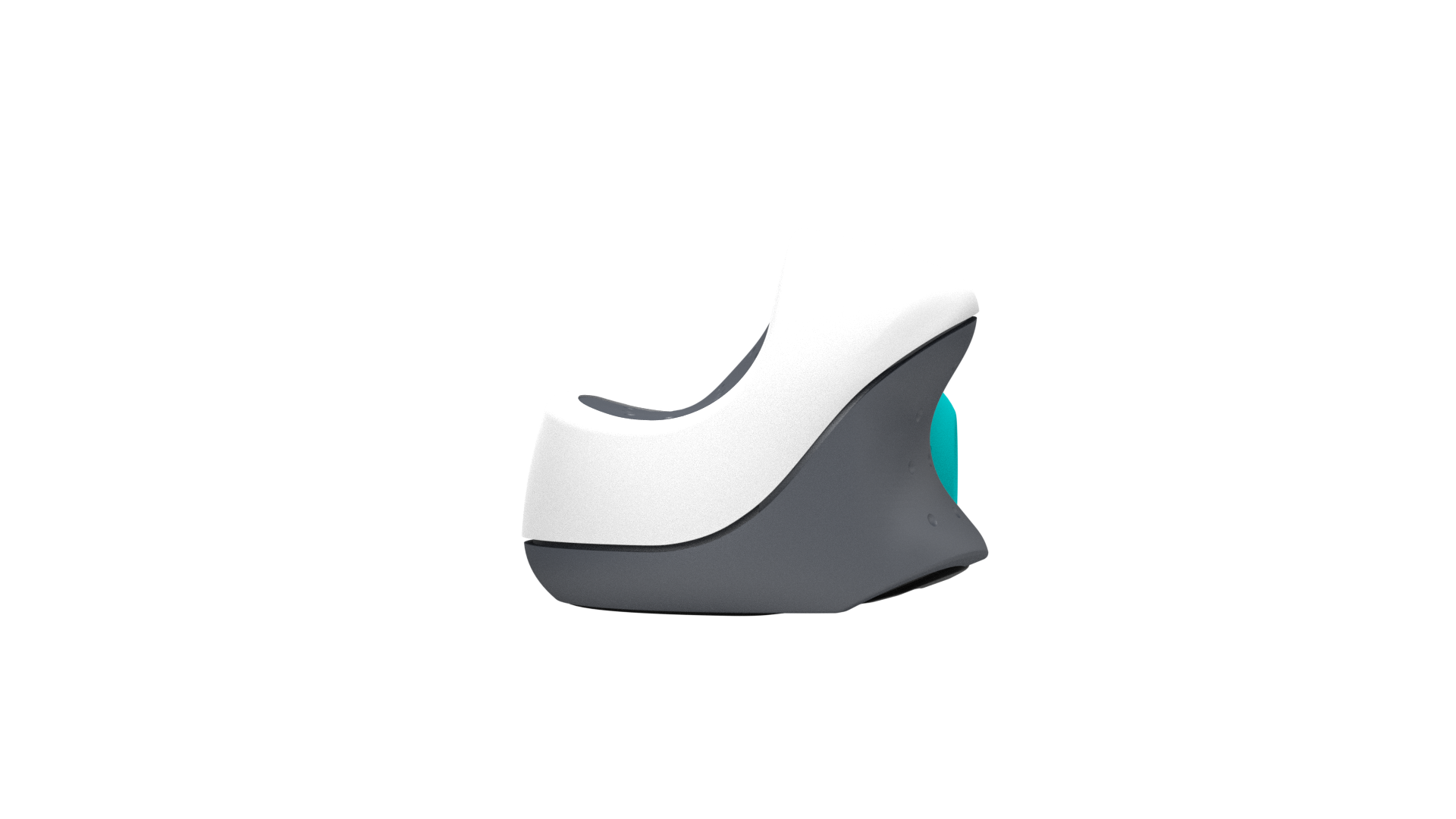Ergonomische Maus in Weiß und Grau auf schwarzem Hintergrund.