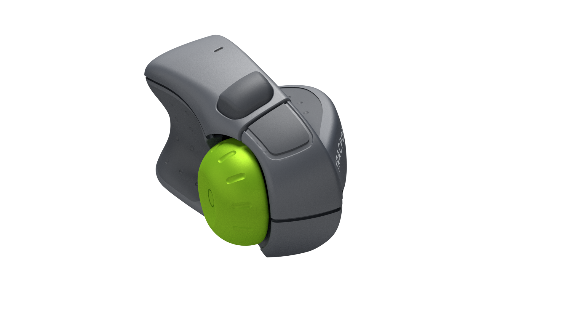 Eine graue ergonomische Maus mit einem grünen Ball, für komfortable Nutzung konzipiert.
