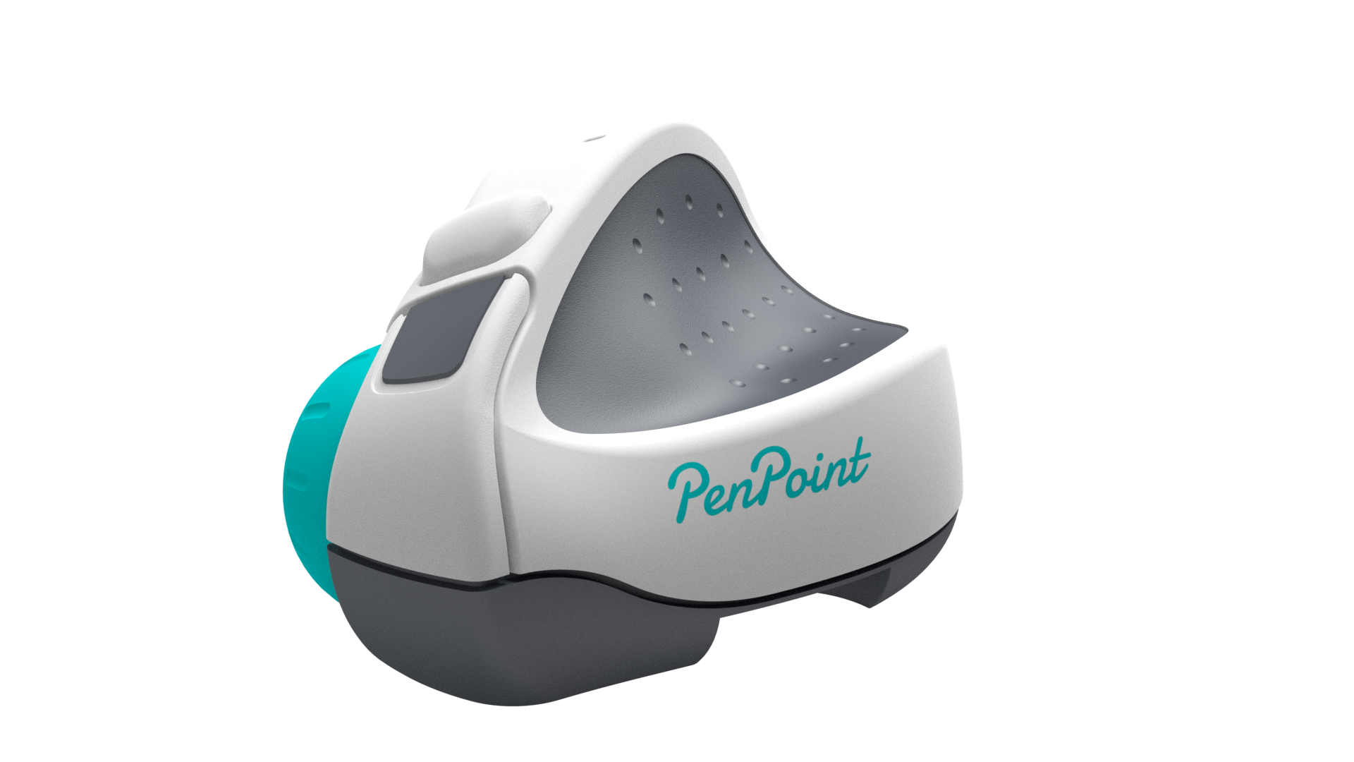 Eine weiße und graue ergonomische Maus mit einer türkisfarbenen Taste und dem Text 'PenPoint'.