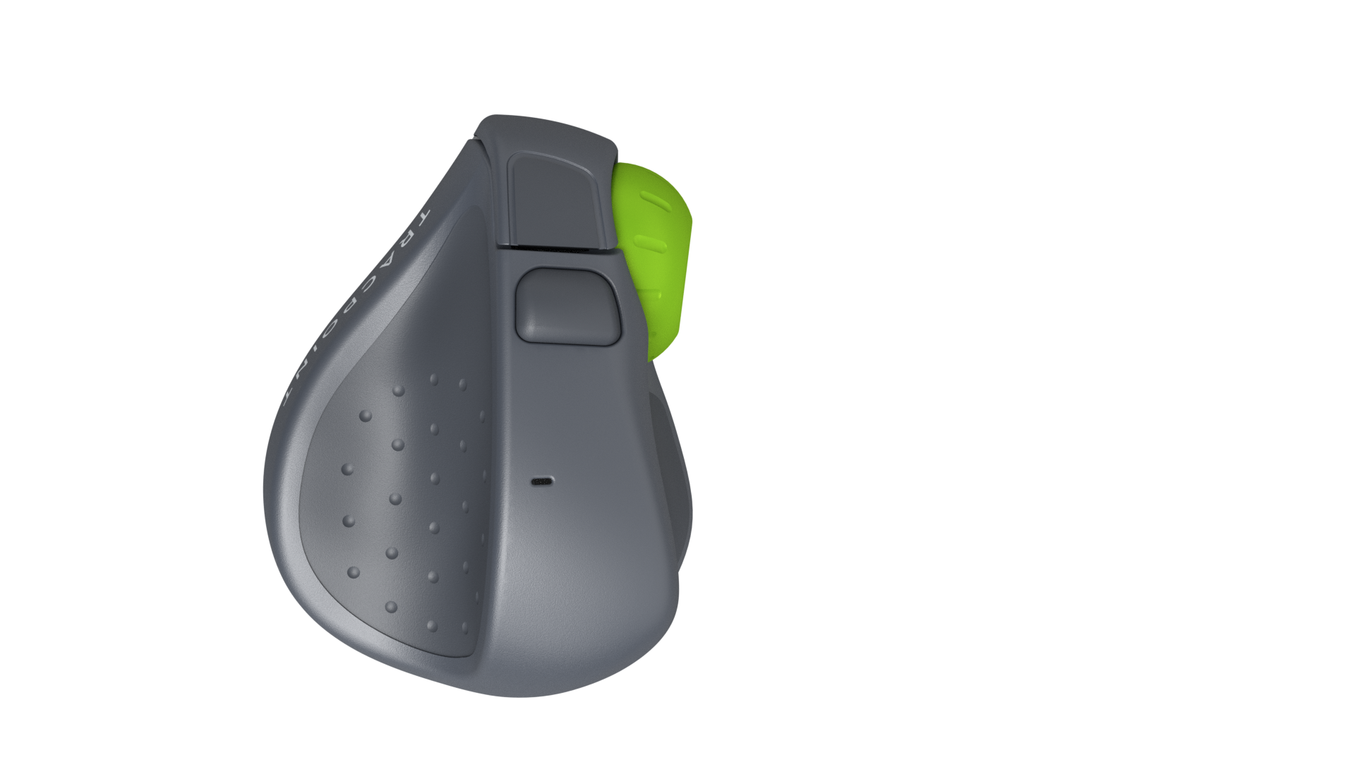 Eine graue ergonomische Maus mit grünem Scrollrad, isoliert auf schwarzem Hintergrund.