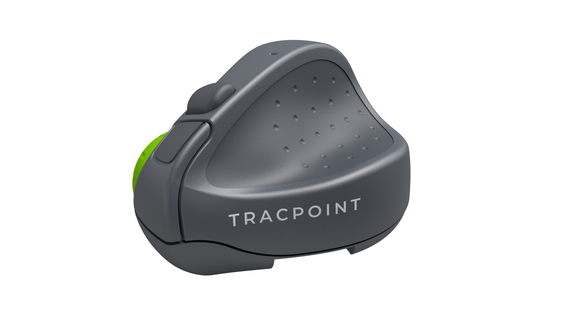 Graue ergonomische Maus mit grüner Taste und dem Wort TRACPOINT.