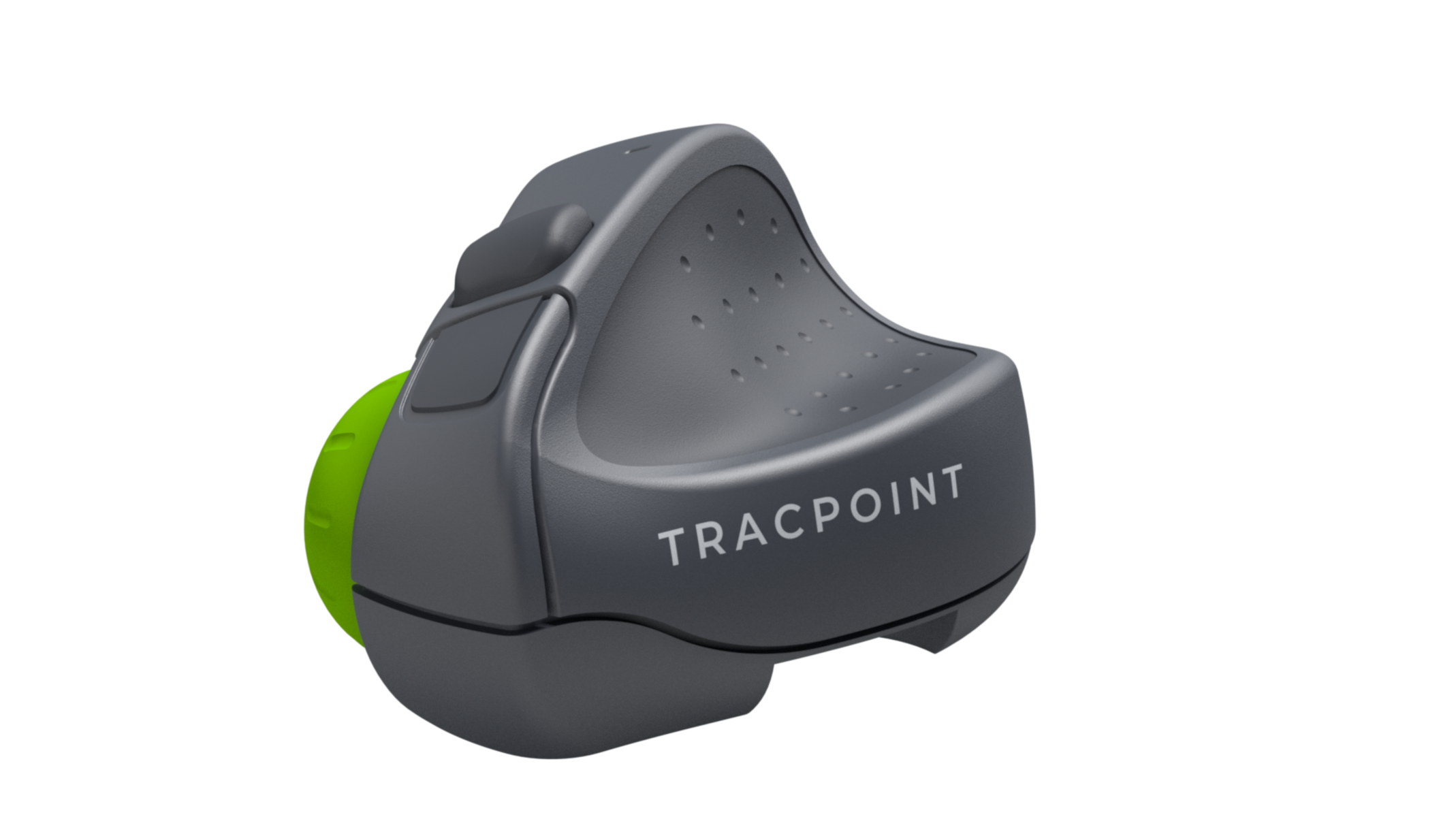 Graue ergonomische Maus mit grünem Scrollrad und dem Wort TRACPOINT auf der Seite.