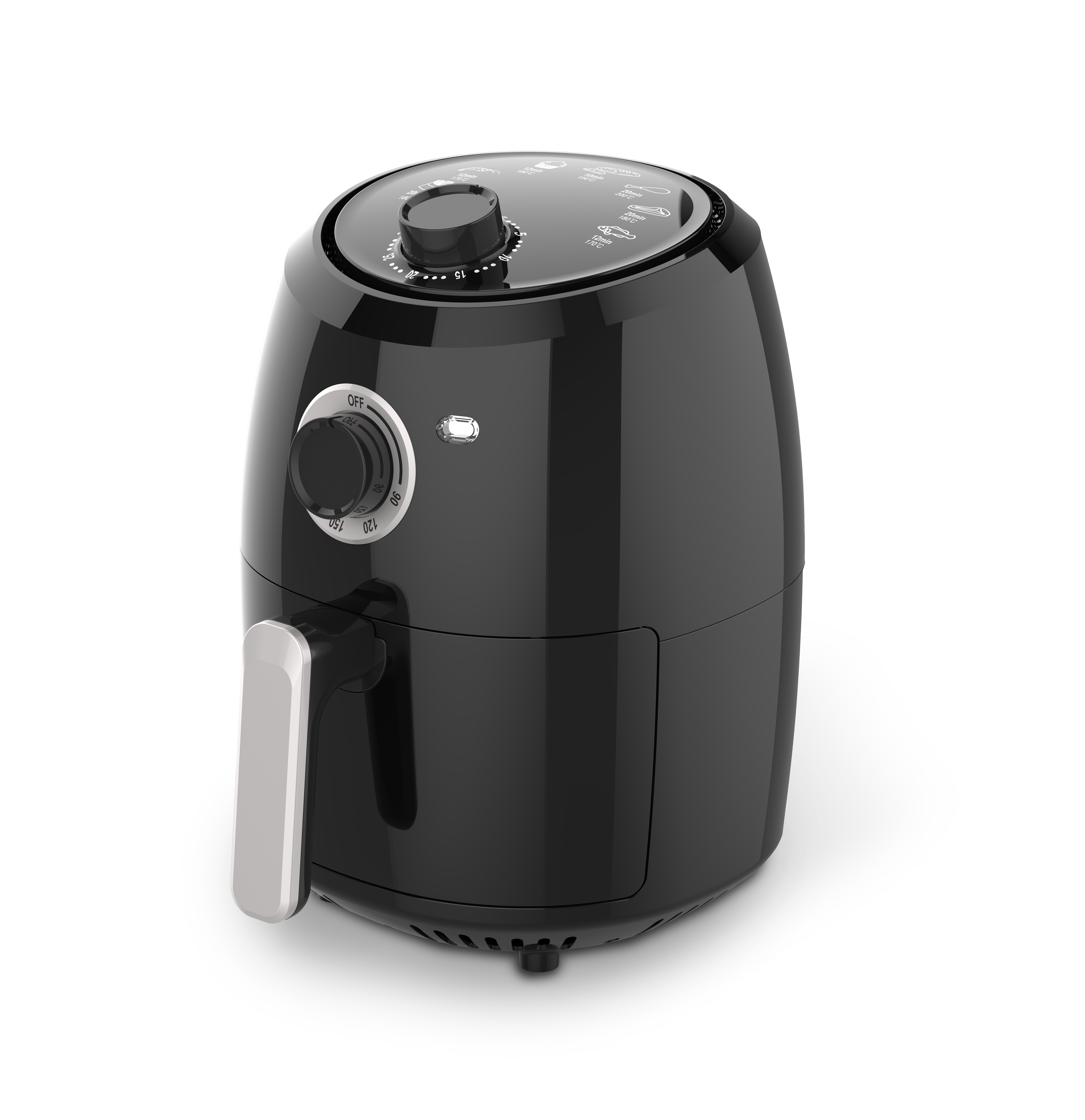 Zwarte airfryer met een zilveren handvat en een draaiknop aan de bovenkant. De achtergrond is wit.