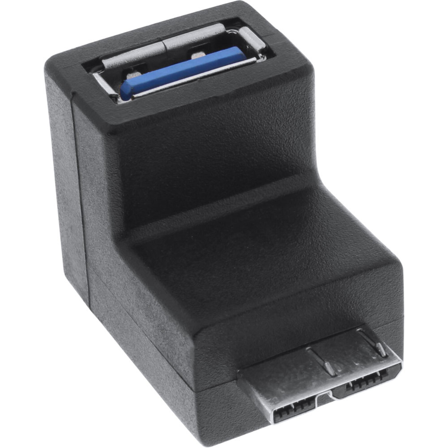 Adattatore USB nero con connettori USB-A e micro-USB, design angolato.
