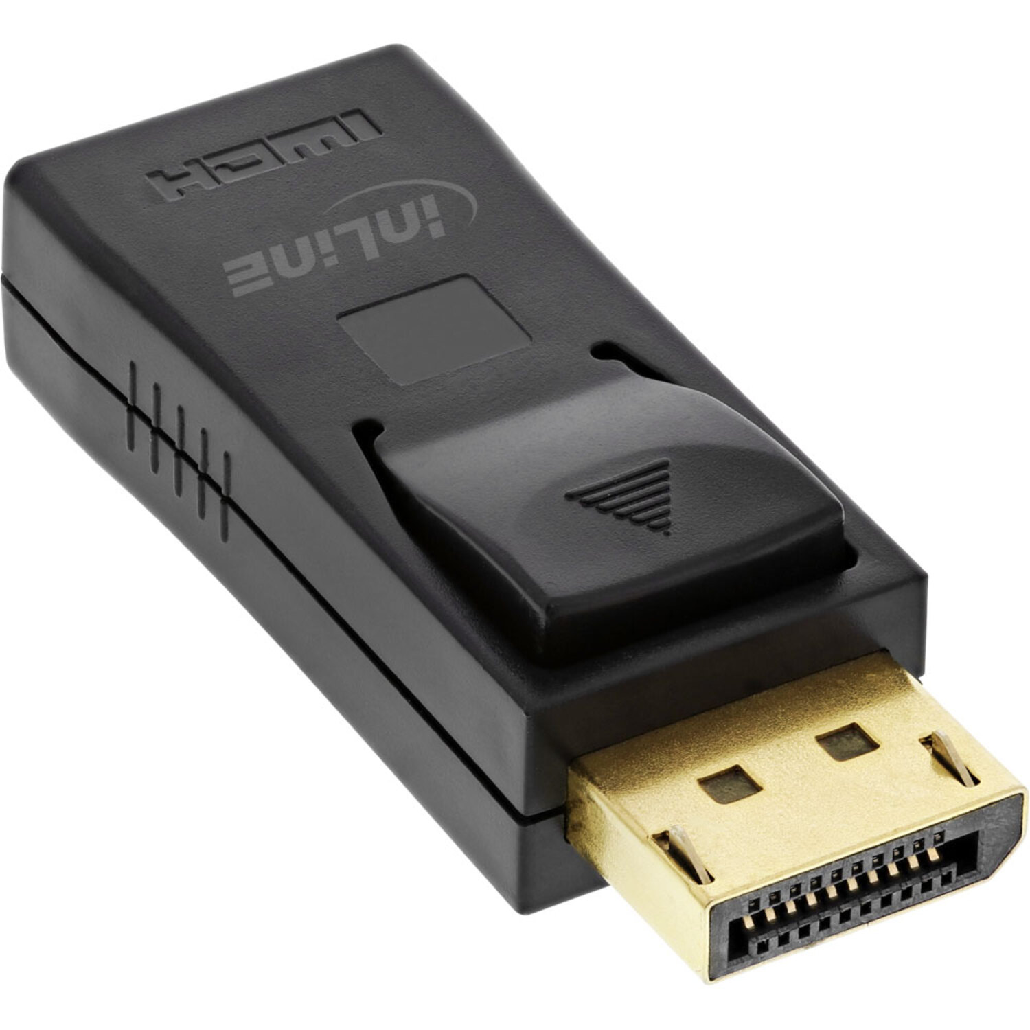Schwarzer HDMI-zu-DisplayPort-Adapter mit goldfarbenem DisplayPort-Anschluss.
