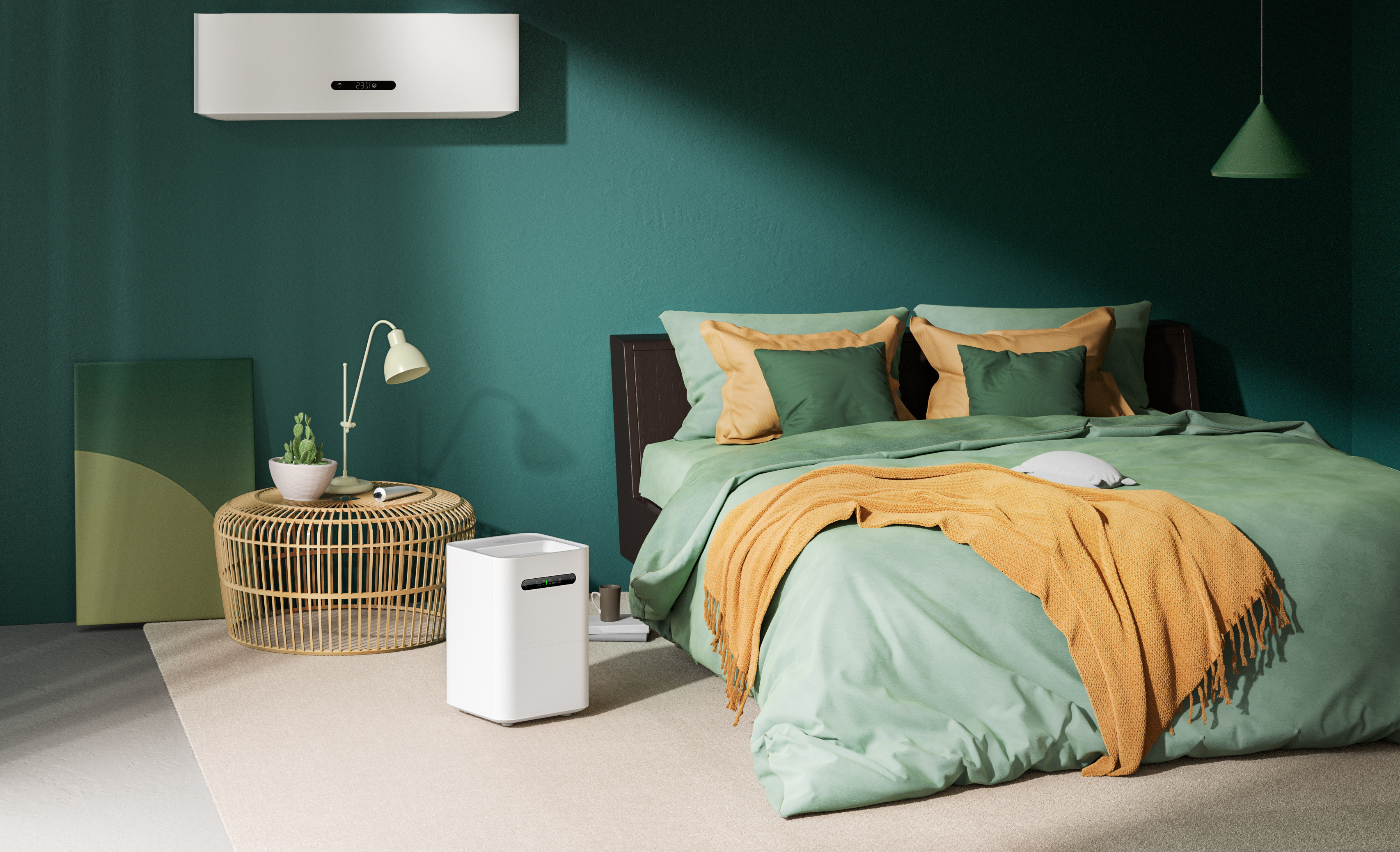 Ein Schlafzimmer mit grünen Wänden, einem Bett mit grüner Bettwäsche und einem weißen Luftreiniger auf dem Boden.