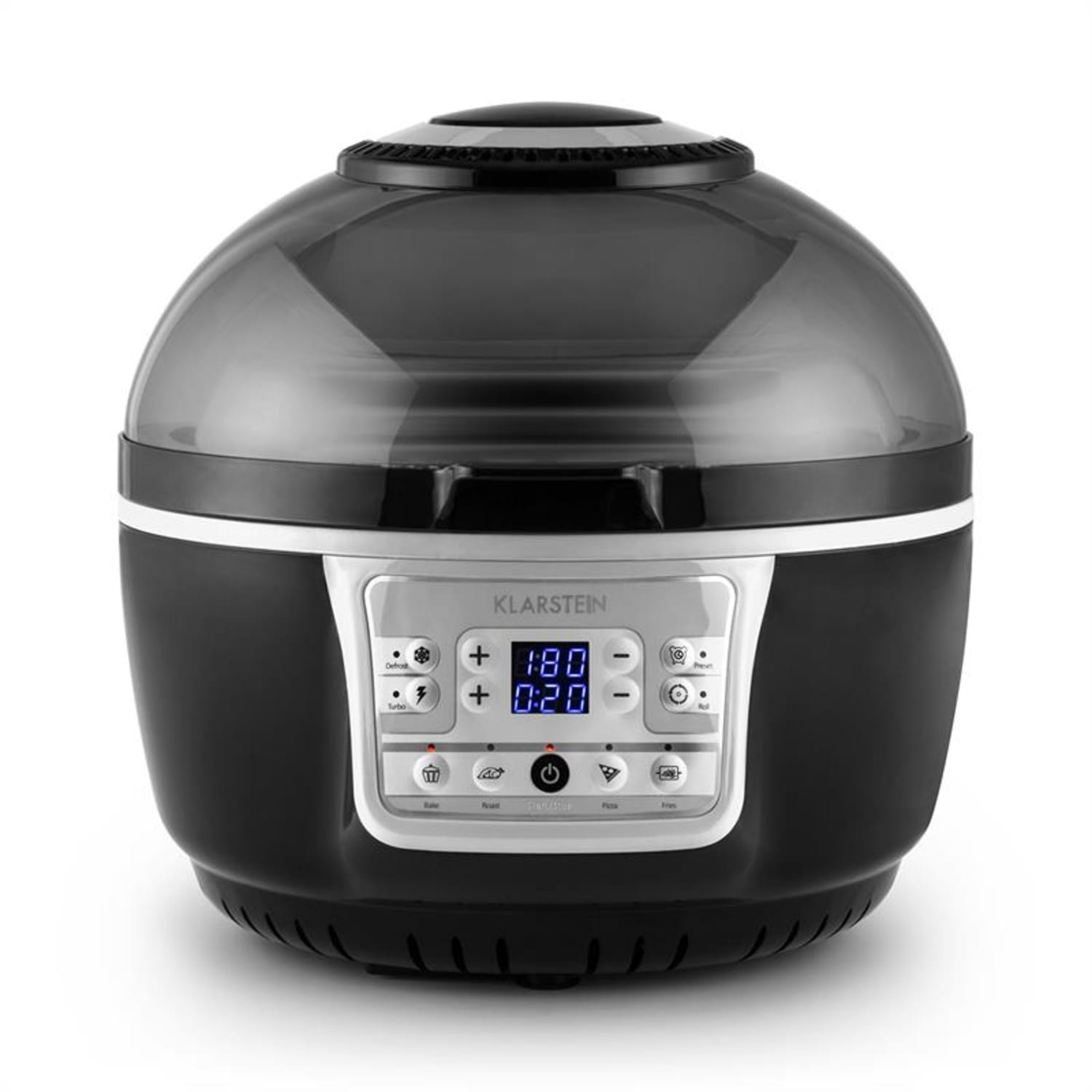 Friggitrice ad aria nera con coperchio a cupola trasparente, display digitale e pulsanti di controllo su pannello bianco.