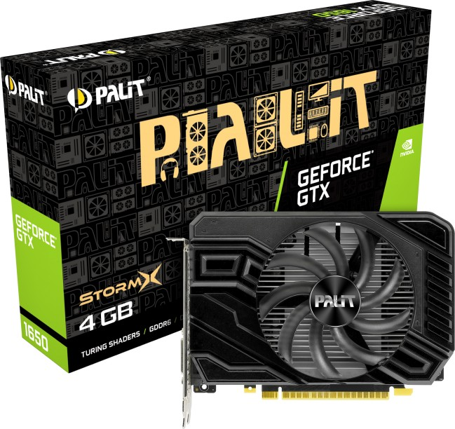Palit GeForce GTX 1650 Grafikkarte-Box und Karte mit schwarzem Lüfter.