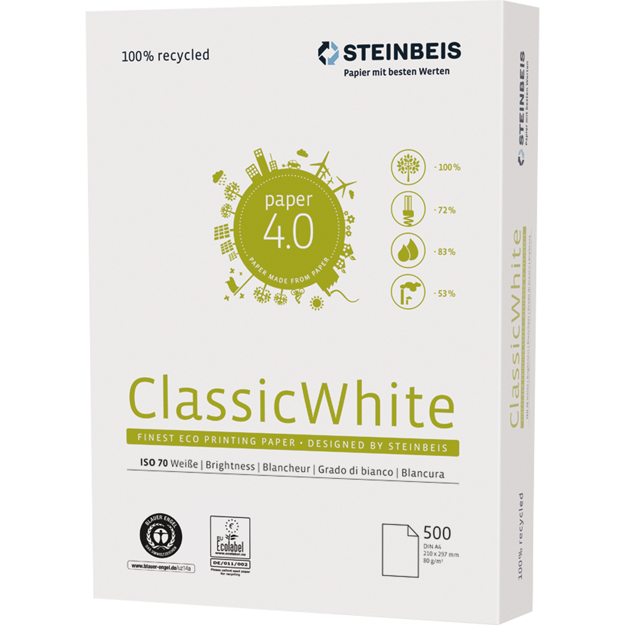 STEINBEIS Kopierpapier ClassicWhite Recycling 500 A4 1 Bl./Pack. Kopierpapier Packung