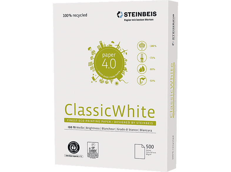 STEINBEIS Kopierpapier ClassicWhite Recycling 500 Bl./Pack. Kopierpapier A4 1 Packung
