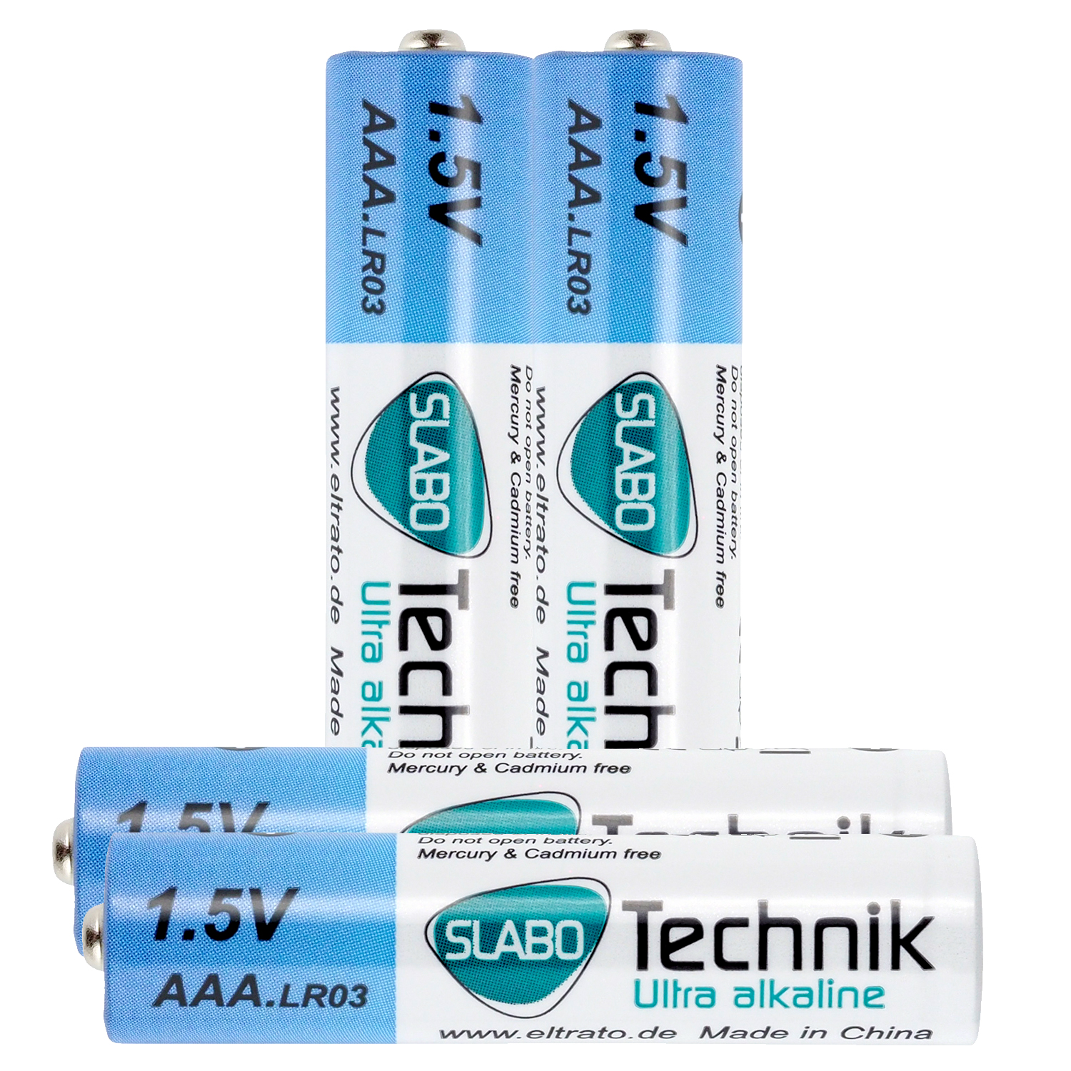 Vier AAA-Batterien mit blau-weißen Etiketten, Marke SLABO, Spannung 1,5 V.