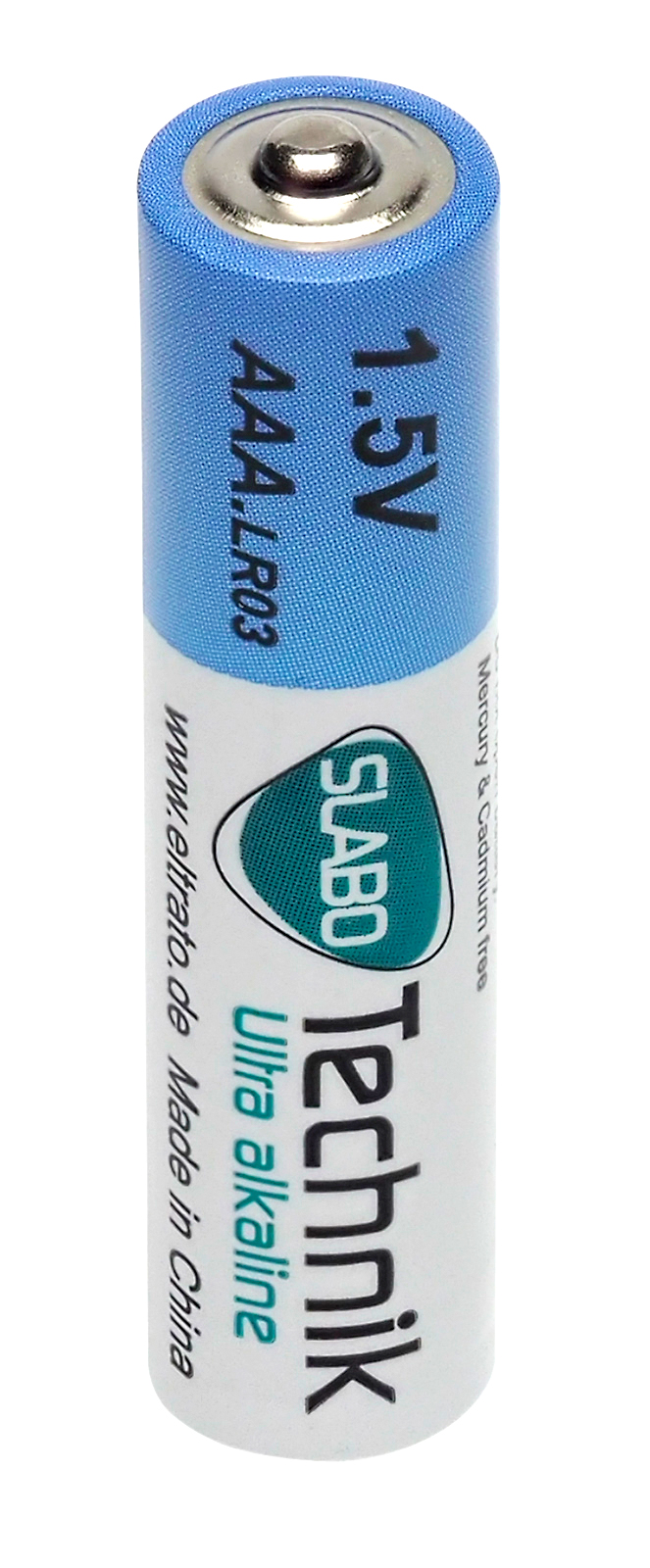 AAA-Batterie, blau und weiß, mit Produktinfo. Weißer Bereich mit SLABO Technik-Logo bedruckt.