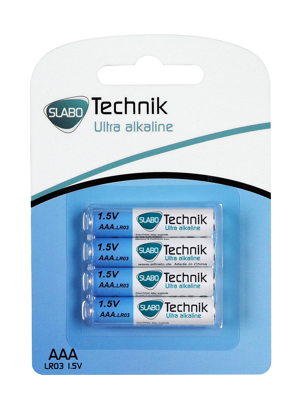 Vier AAA-Batterien in einer Blisterpackung. Markenname ist SLABO Technik.