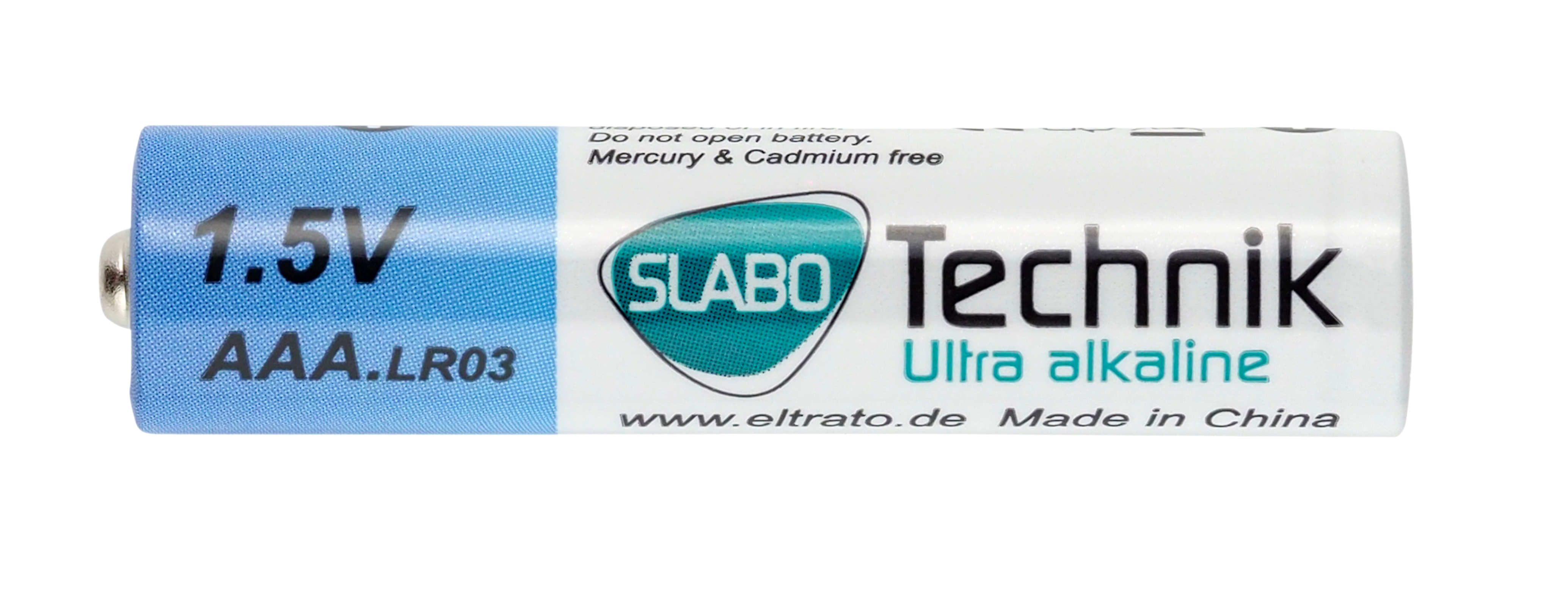 Eine 1,5V AAA Batterie mit blau-weißem Etikett. Text enthält 'SLABO Technik'.