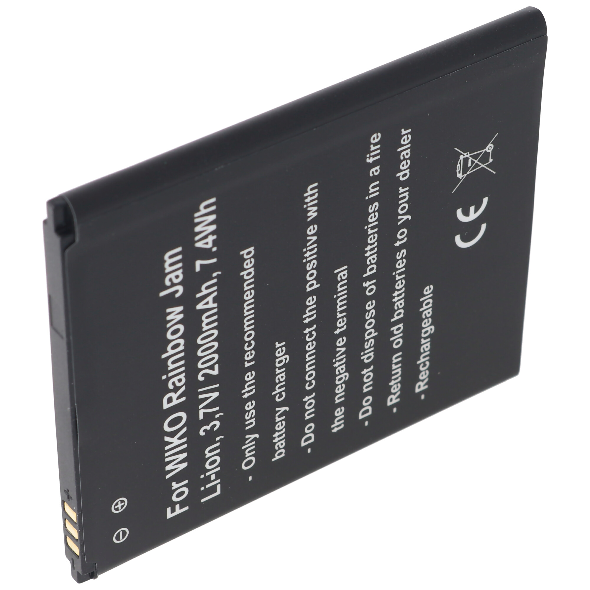 Schwarzer Telefonakku mit Text, schräg auf Weiß, mit Plus- und Minussymbolen.