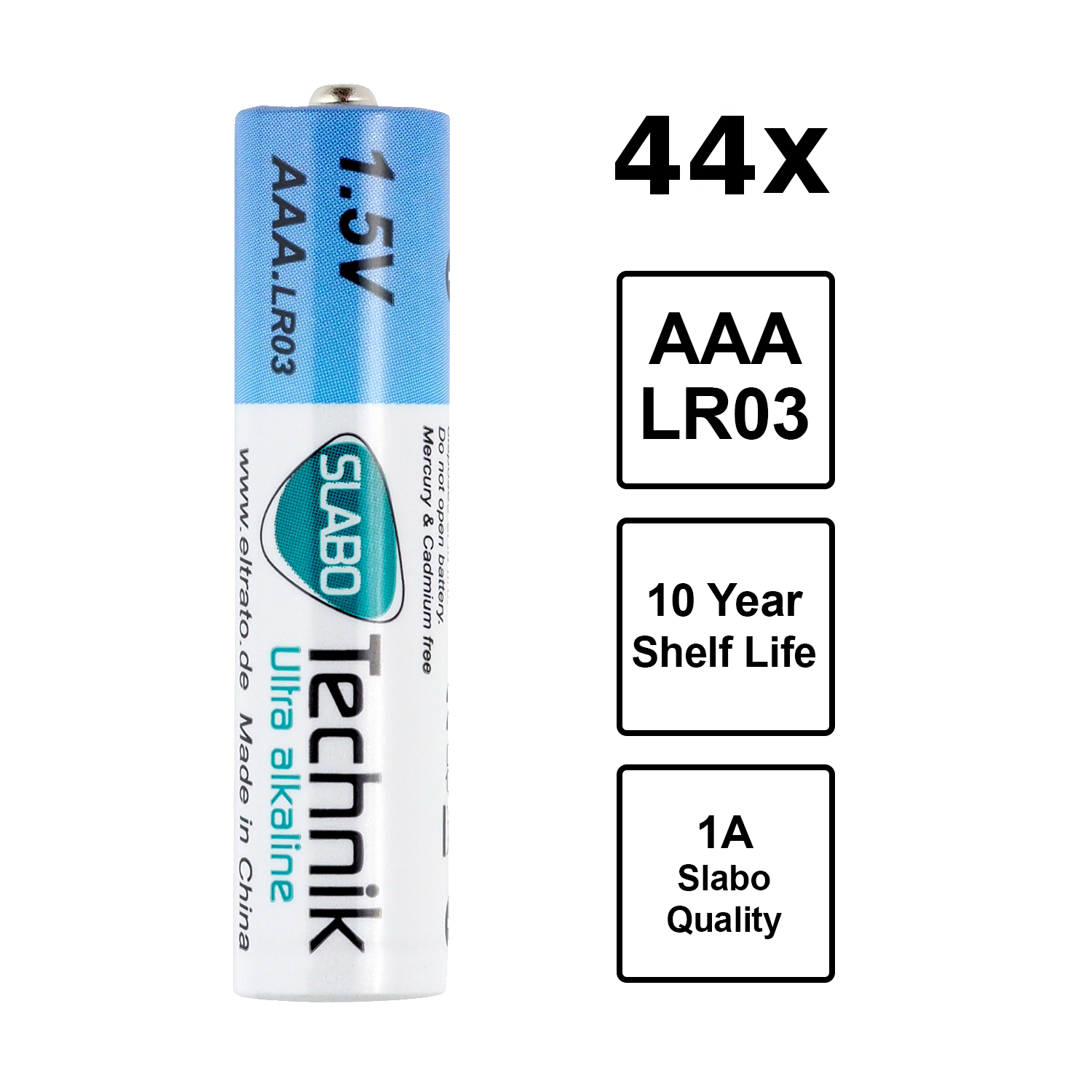 AAA-Batterie mit blau-weißem Etikett, 1,5 V. Text enthält 'Ultra alkaline' und 'Technik'.