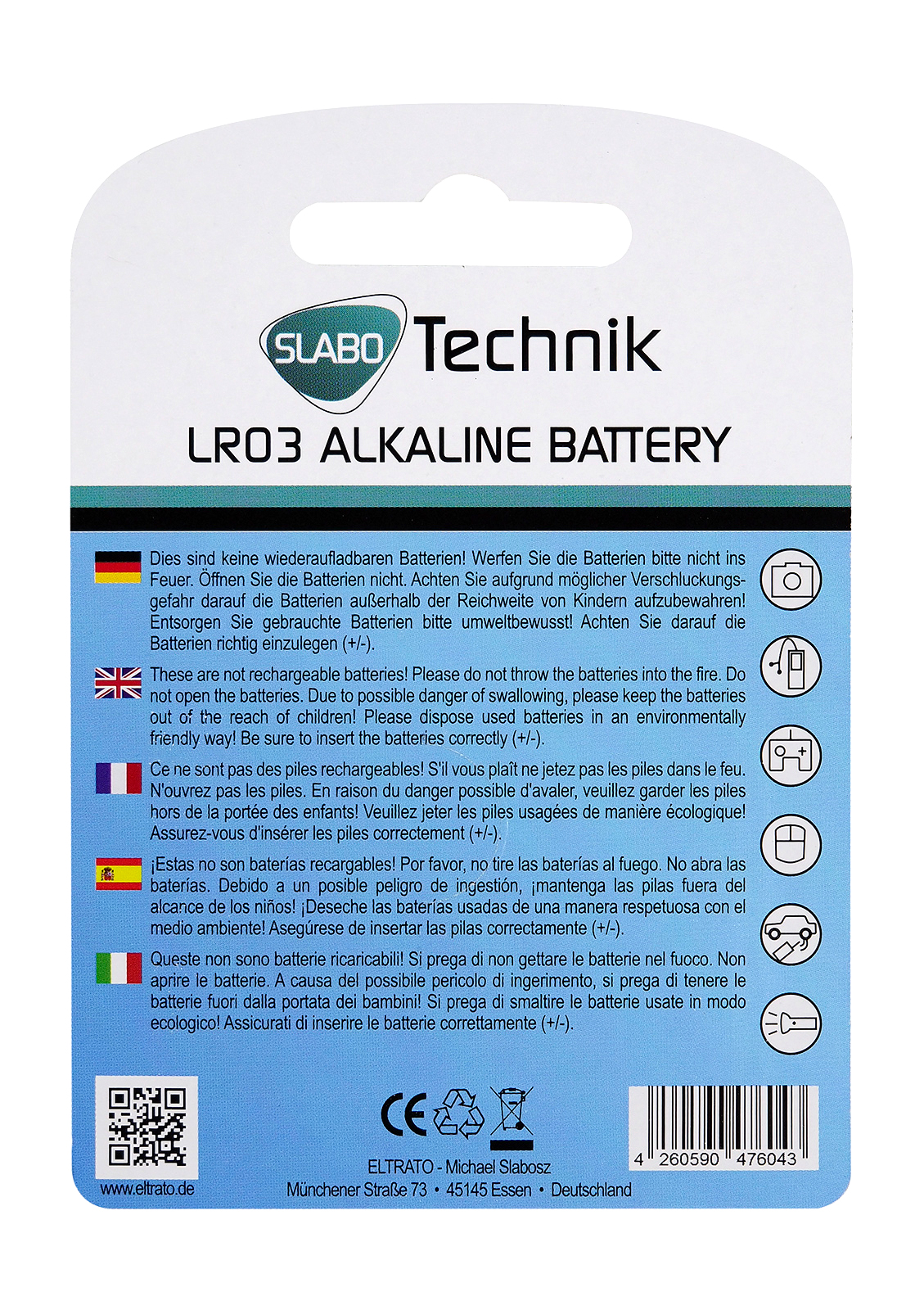 Batteriepack mit Text und Symbolen. Enthält mehrere Sprachen und Warnhinweise in einer Liste.