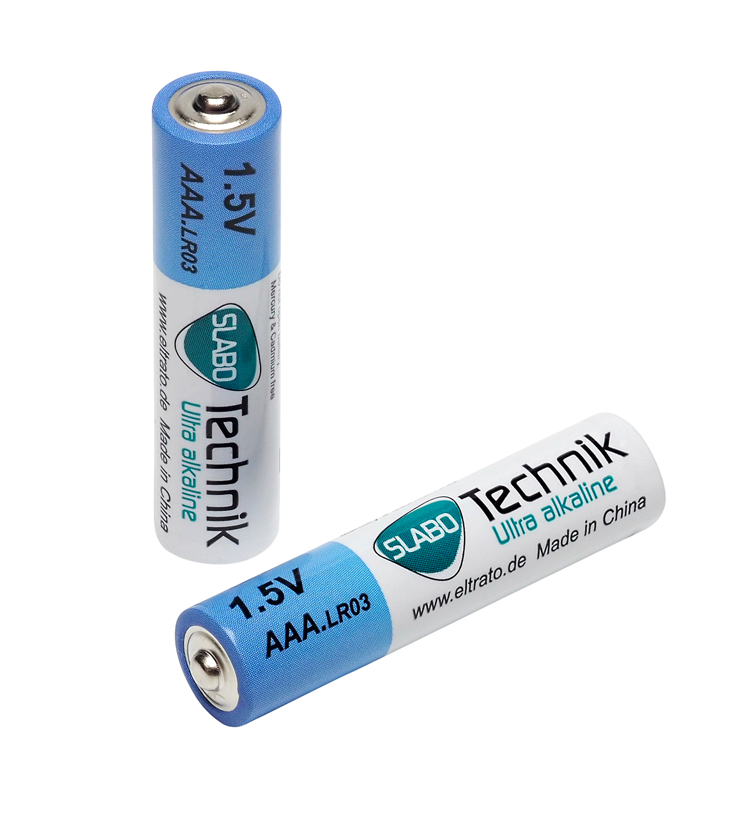 Zwei AAA-Batterien, blau und weiß, mit Text, auf weißem Hintergrund.