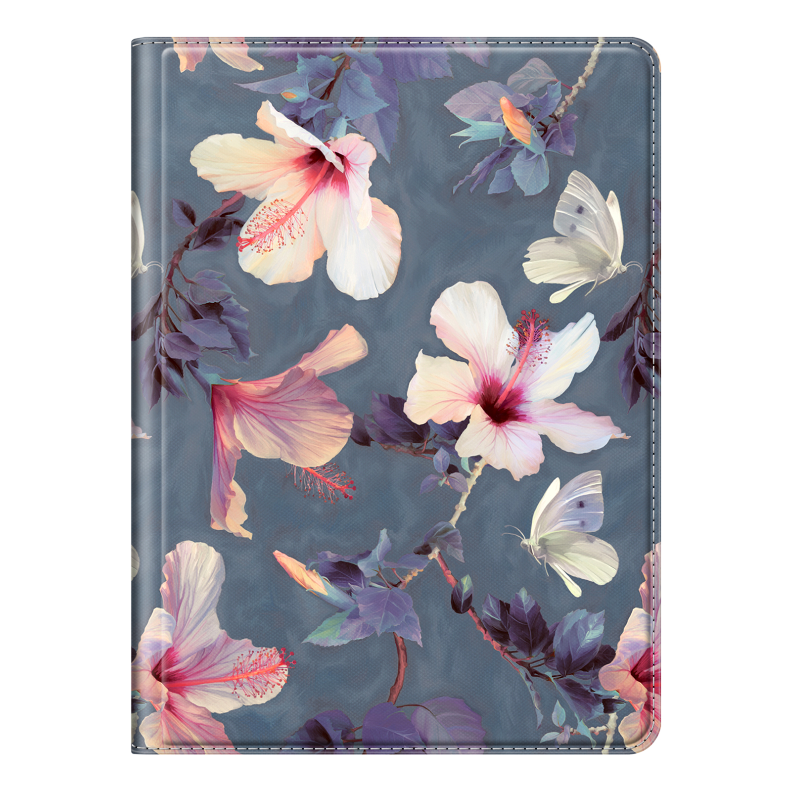 Tablethülle mit floralem Design. Weiße und rosa Hibiskusblüten und weiße Schmetterlinge auf blauem Grund.