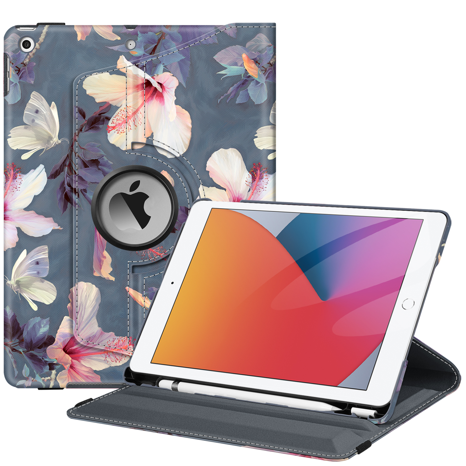 Tablethülle mit Blumenmuster. Tablet zeigt ein farbenfrohes abstraktes Bild. Apple-Logo sichtbar.