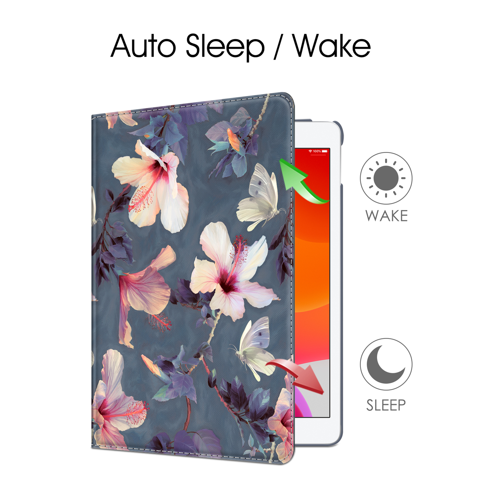 Ein iPad in einer floralen Hülle mit offener Seite, die den Bildschirm zeigt und Text: Auto Sleep/Wake.