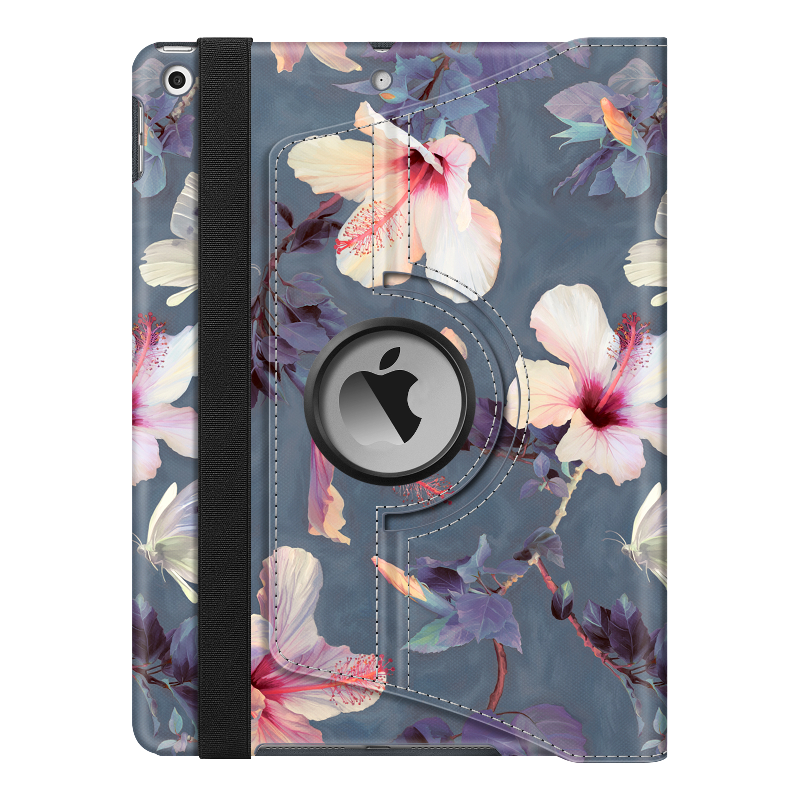 Eine iPad-Hülle mit floralem Design und einem schwarzen Riemen. Die Hülle hat das Apple-Logo.