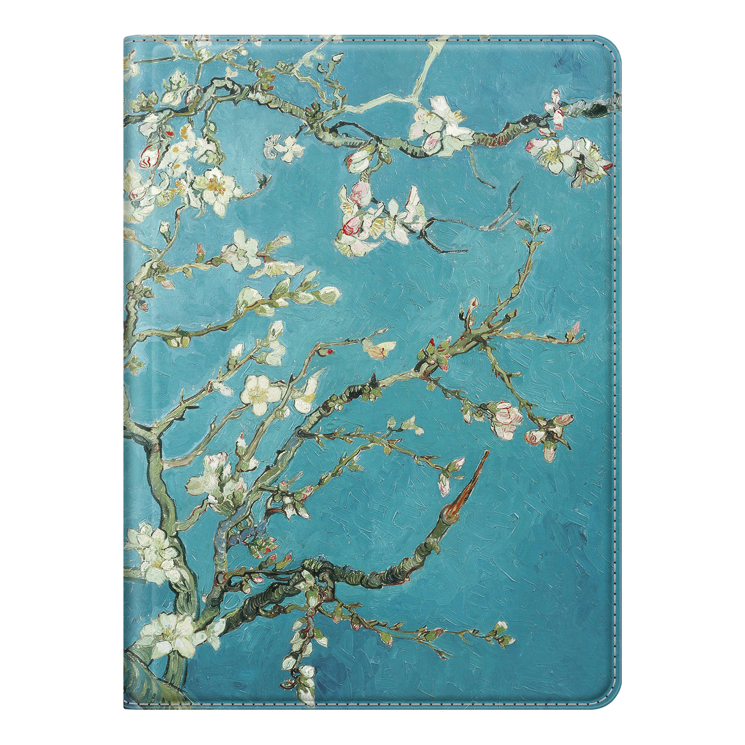 Tablet-Hülle mit einem Gemälde eines Mandelblütenzweigs auf blauem Hintergrund.