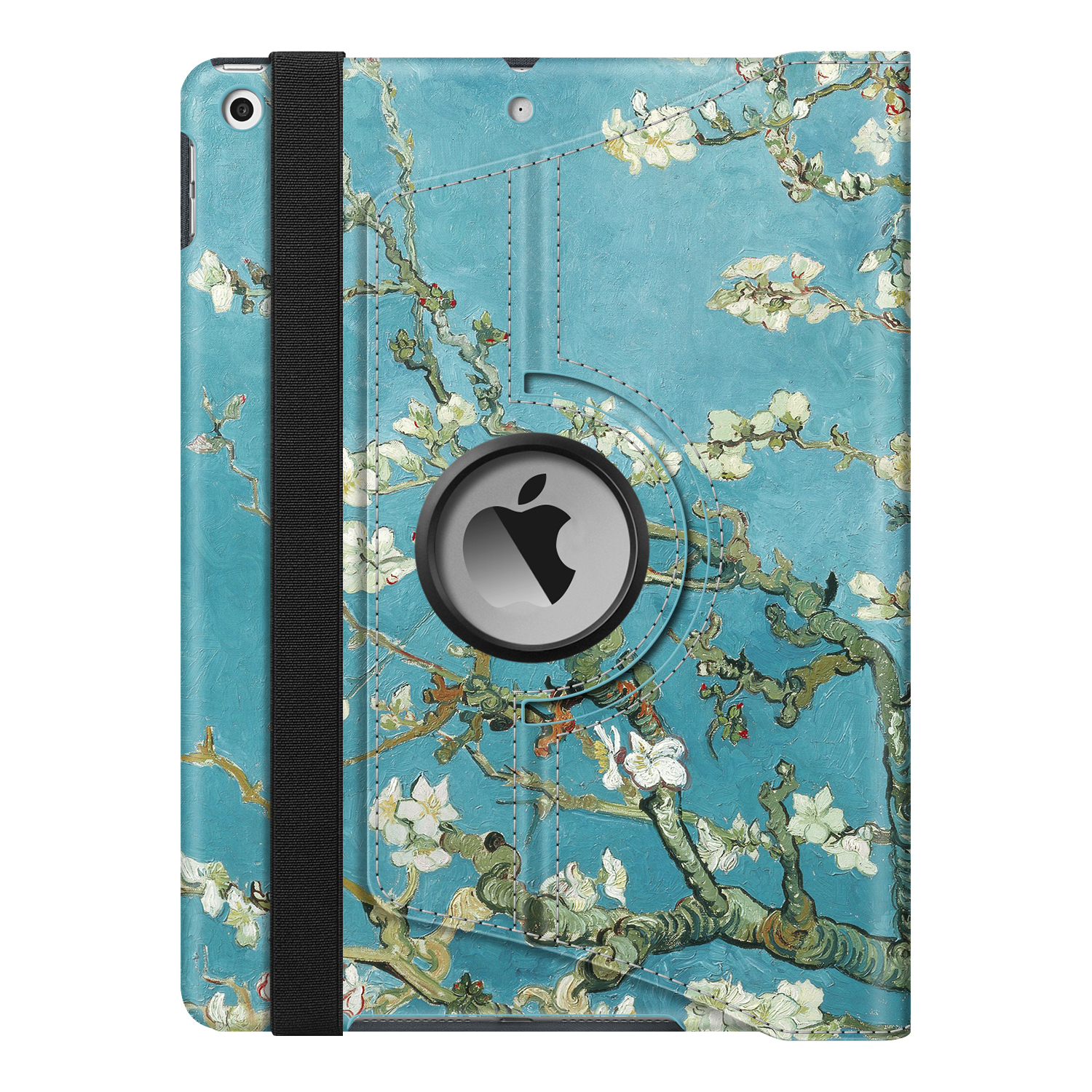 Eine Tablet-Hülle mit einem Van-Gogh-Gemälde-Design und einem schwarzen Riemen.