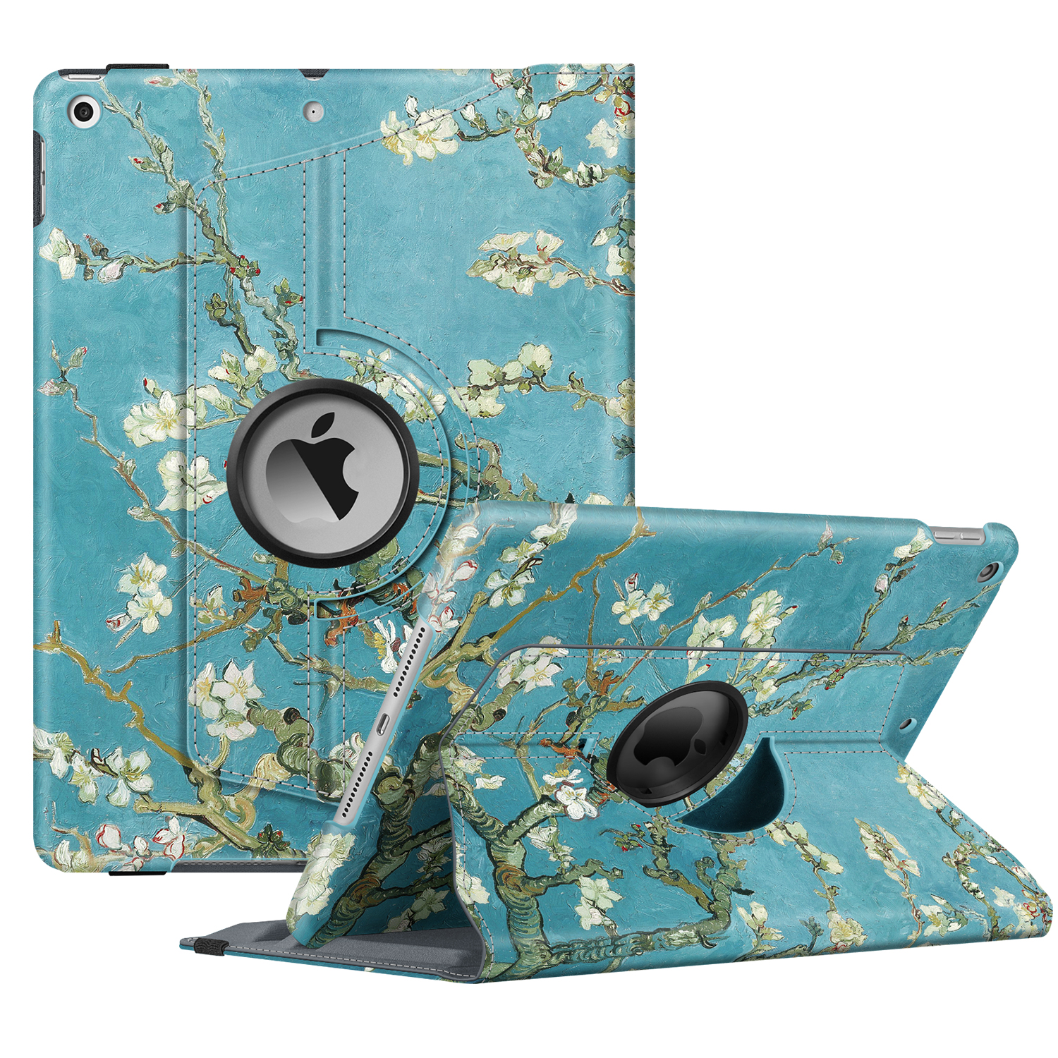 Tablethülle mit Blumendesign, geöffnet und geschlossen, zeigt das Apple-Logo.