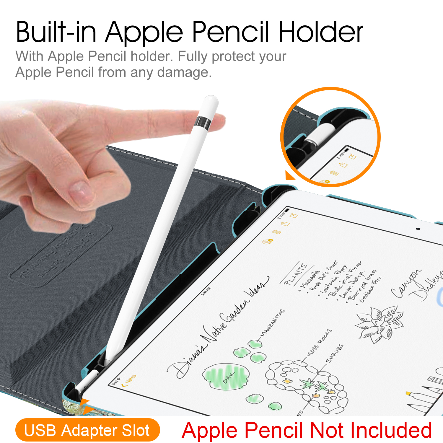 Tablet mit Hülle und Stift. Der Bildschirm zeigt Notizen, und ein Stifthalter ist zu sehen.