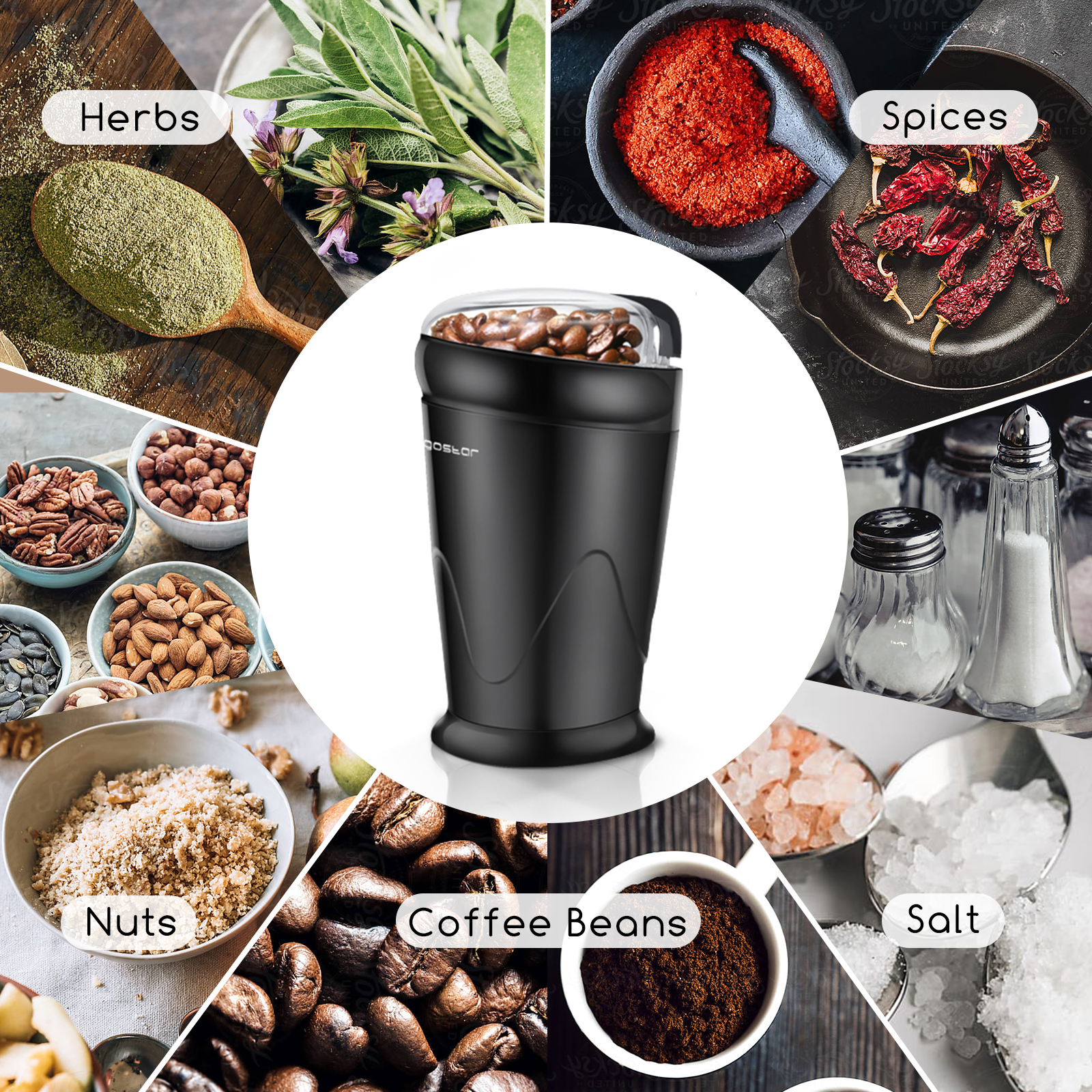 Collage aus Kräutern, Gewürzen, Nüssen, Kaffeebohnen, Salz. Schwarze Kaffeemühle in der Mitte.