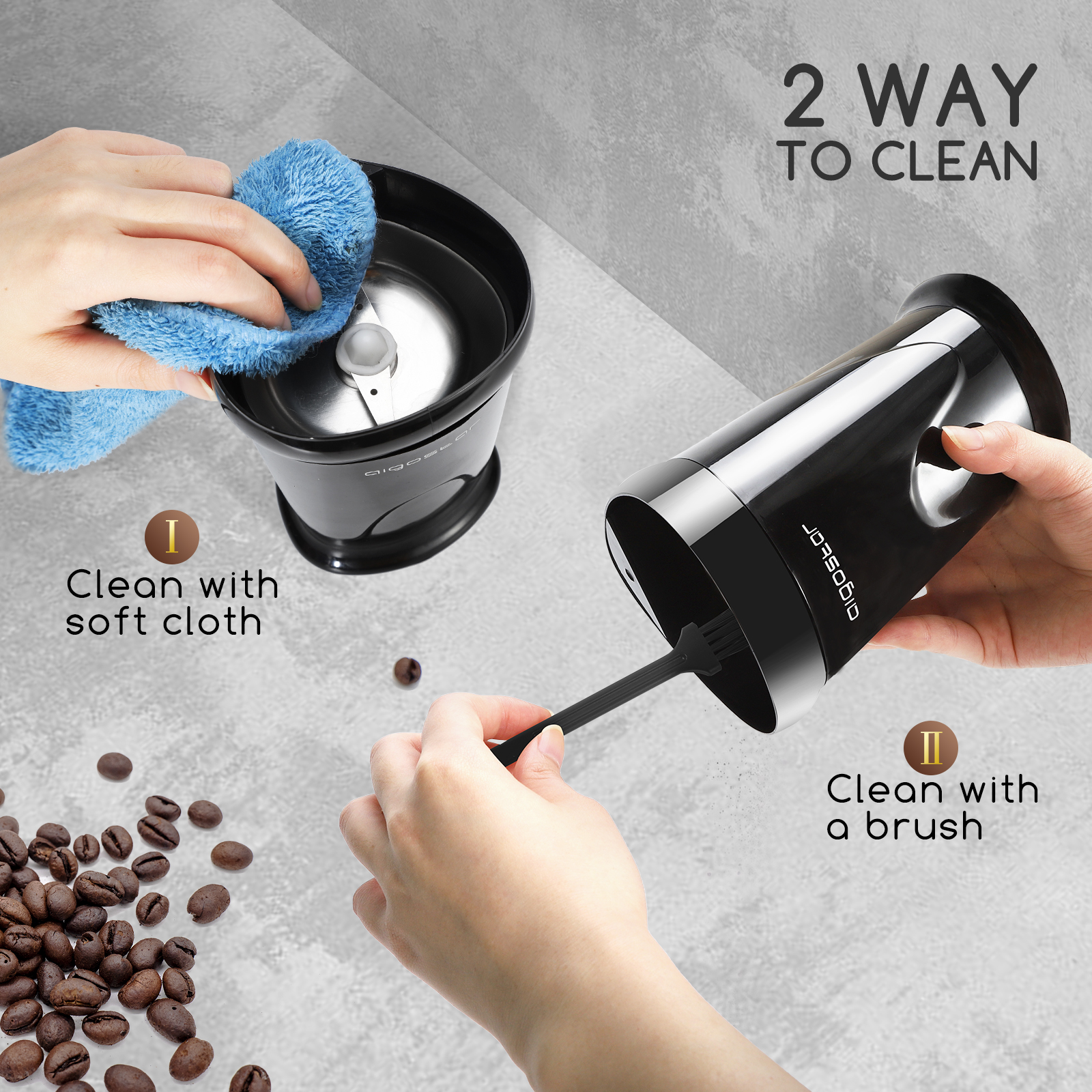 Molinillo de café con instrucciones de limpieza. Dos formas de limpiar. Superficie gris.