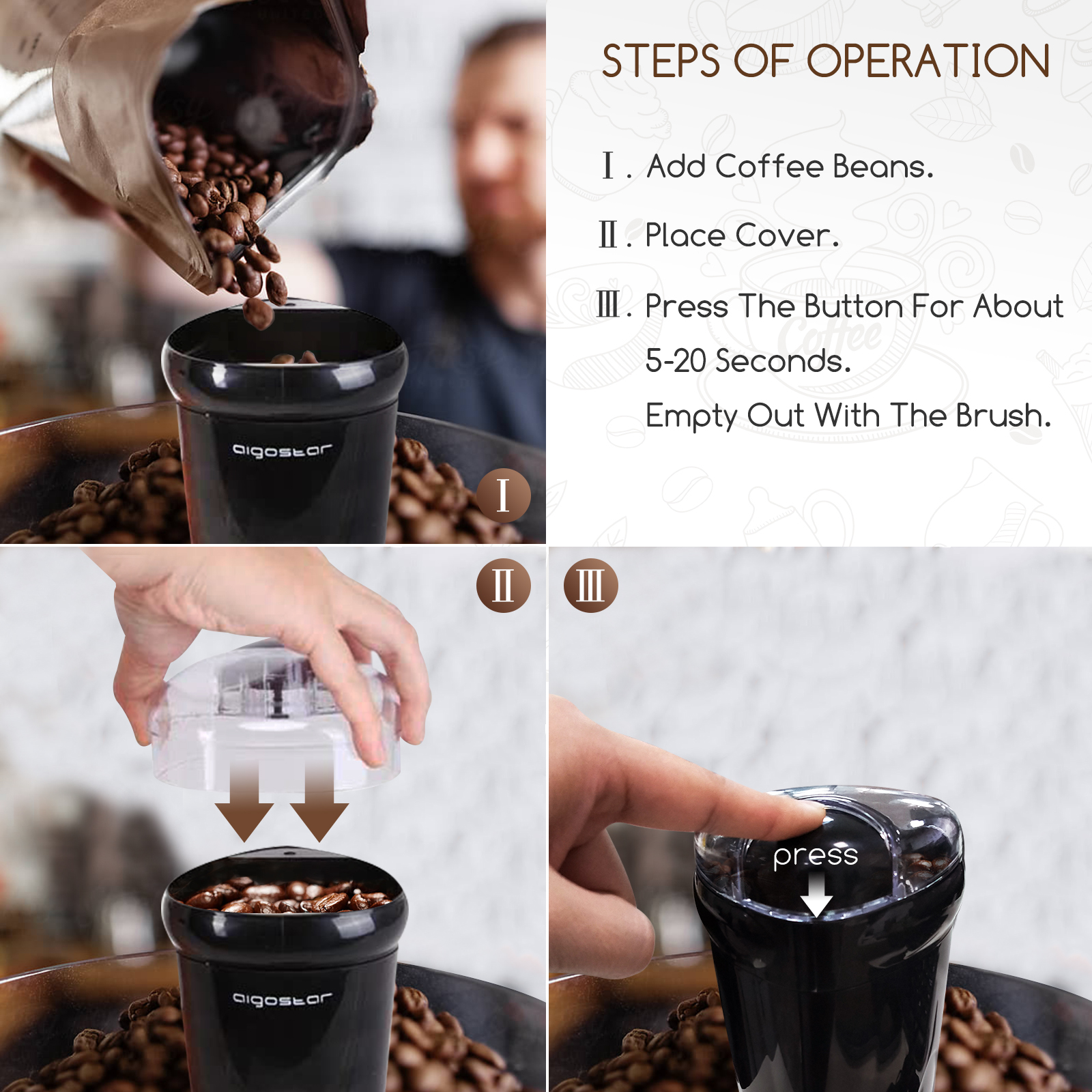 Pasos para usar un molinillo de café: agregar granos, colocar la tapa, presionar el botón y vaciar.