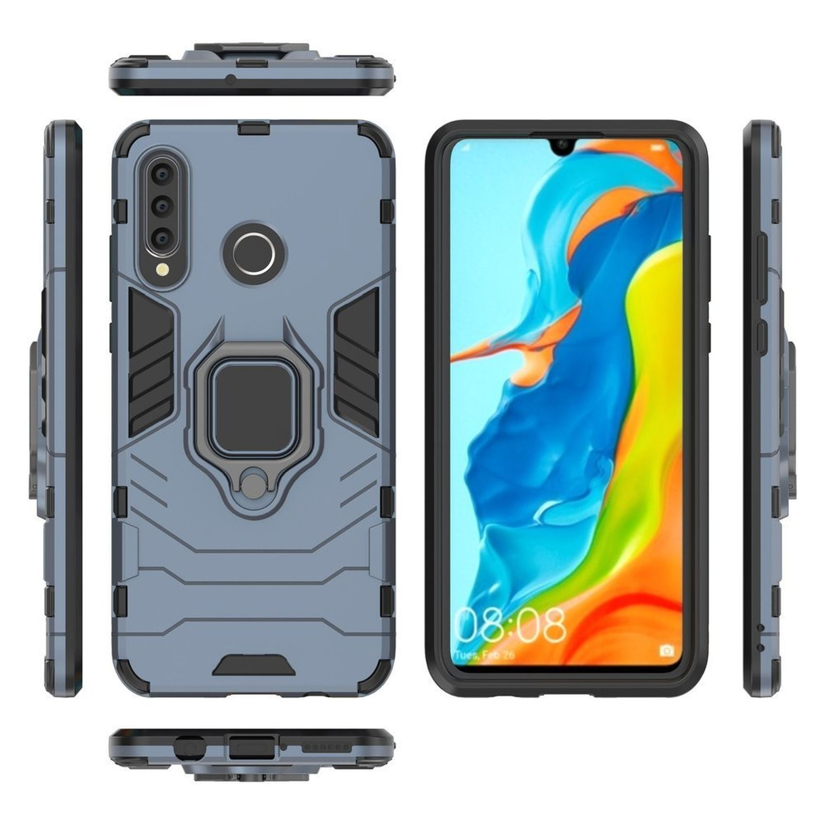 Telefon in einer blauen Hülle. Mehrere Winkel der Hülle werden gezeigt. Es hat einen Ringhalter.