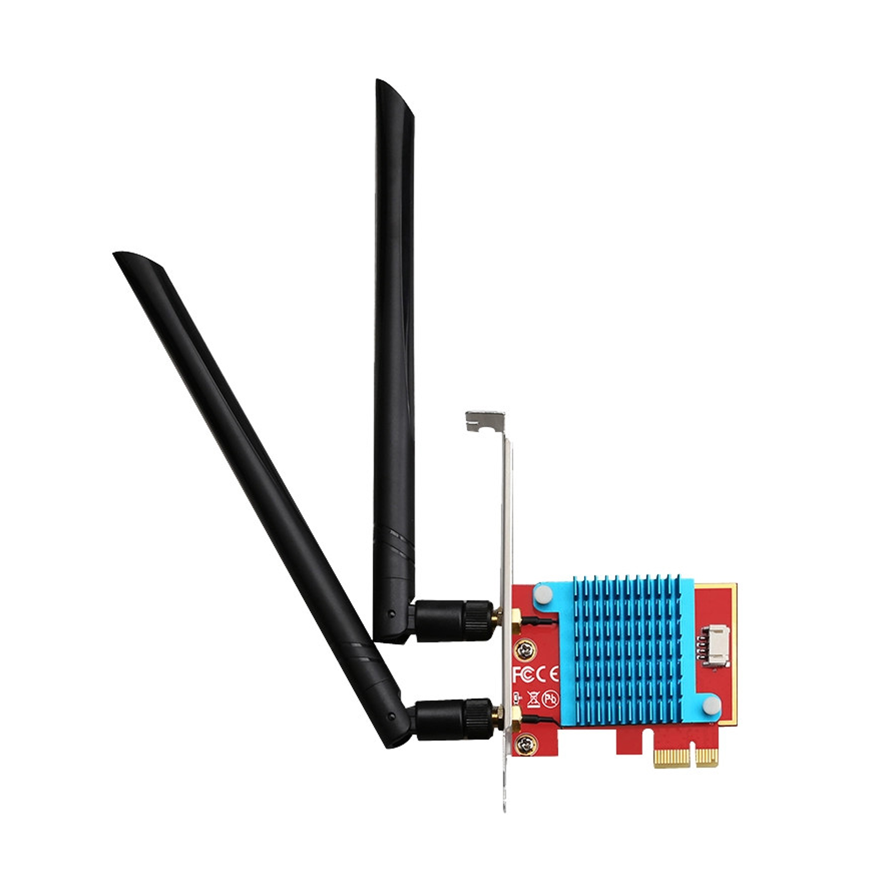 Eine Netzwerkkarte mit zwei schwarzen Antennen. Die Karte hat ein rotes und blaues Design.