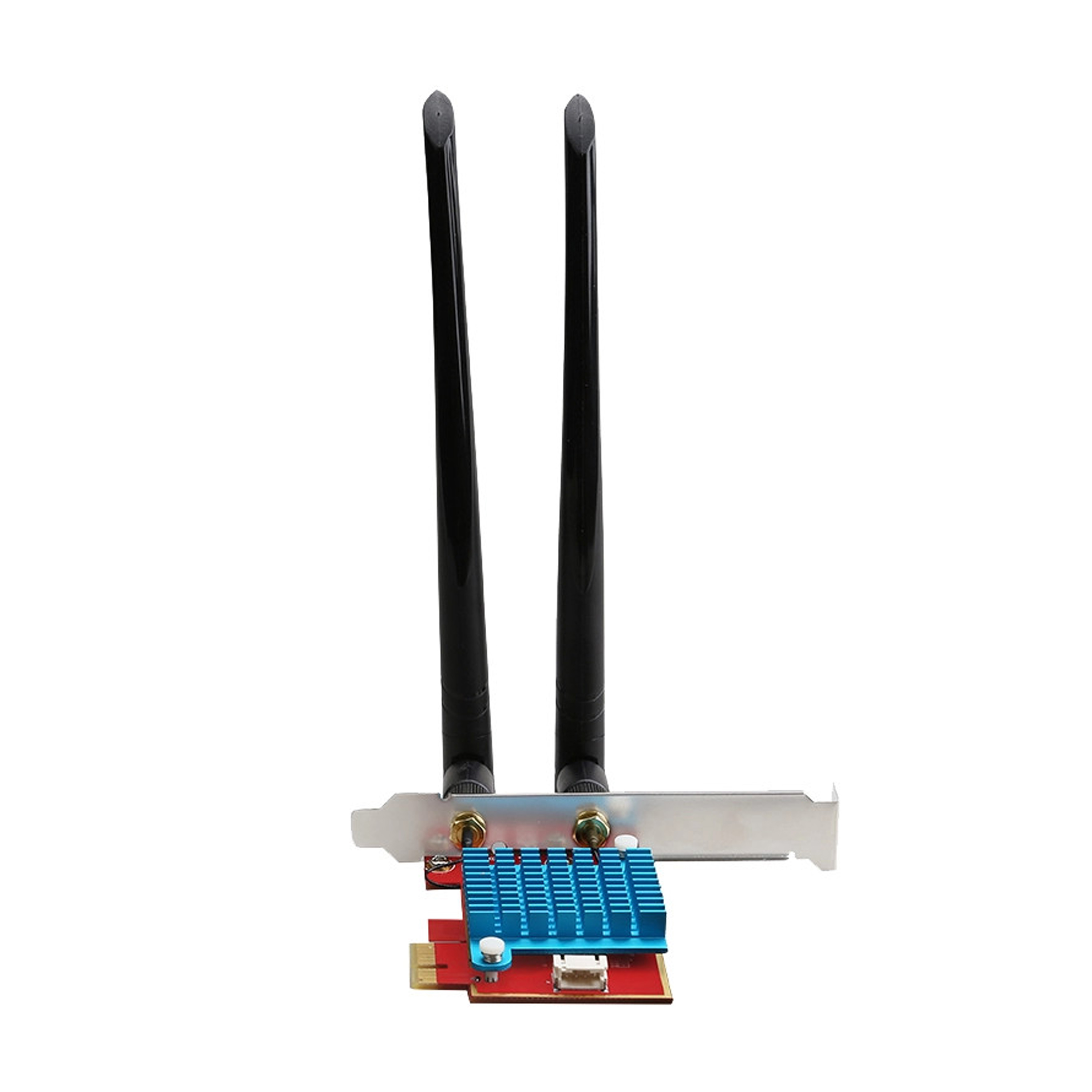 Netzwerkkarte mit zwei schwarzen Antennen und einem blauen Kühlkörper.
