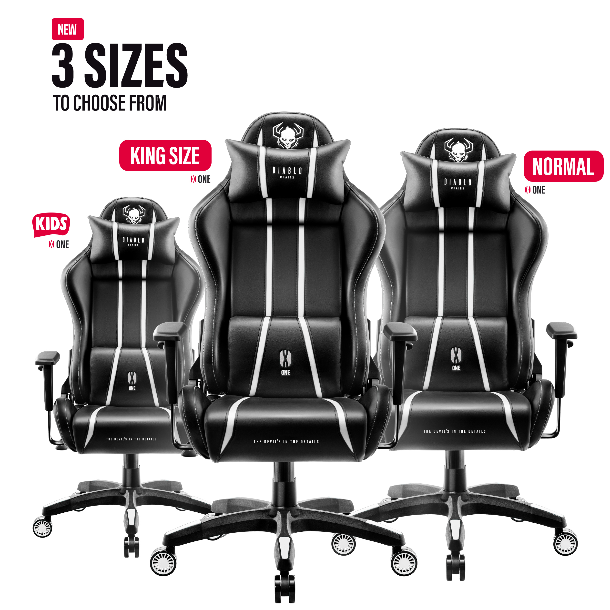 Drei schwarze Gaming-Stühle mit weißen Akzenten. Sie haben das gleiche Design, aber unterschiedliche Größen: Kids, King und Normal.