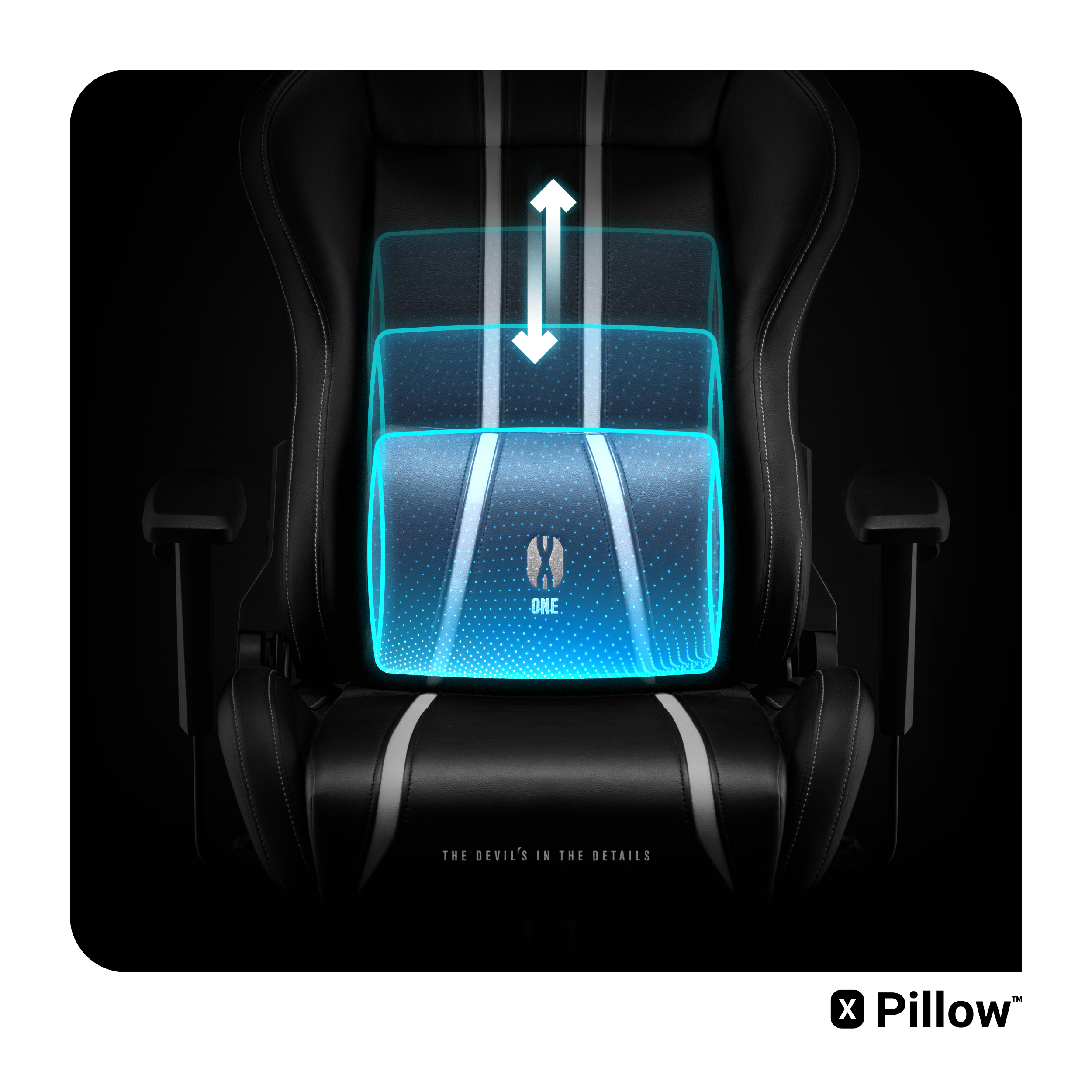 Krzesło gamingowe z regulowanym podparciem lędźwi, podświetlone na niebiesko.