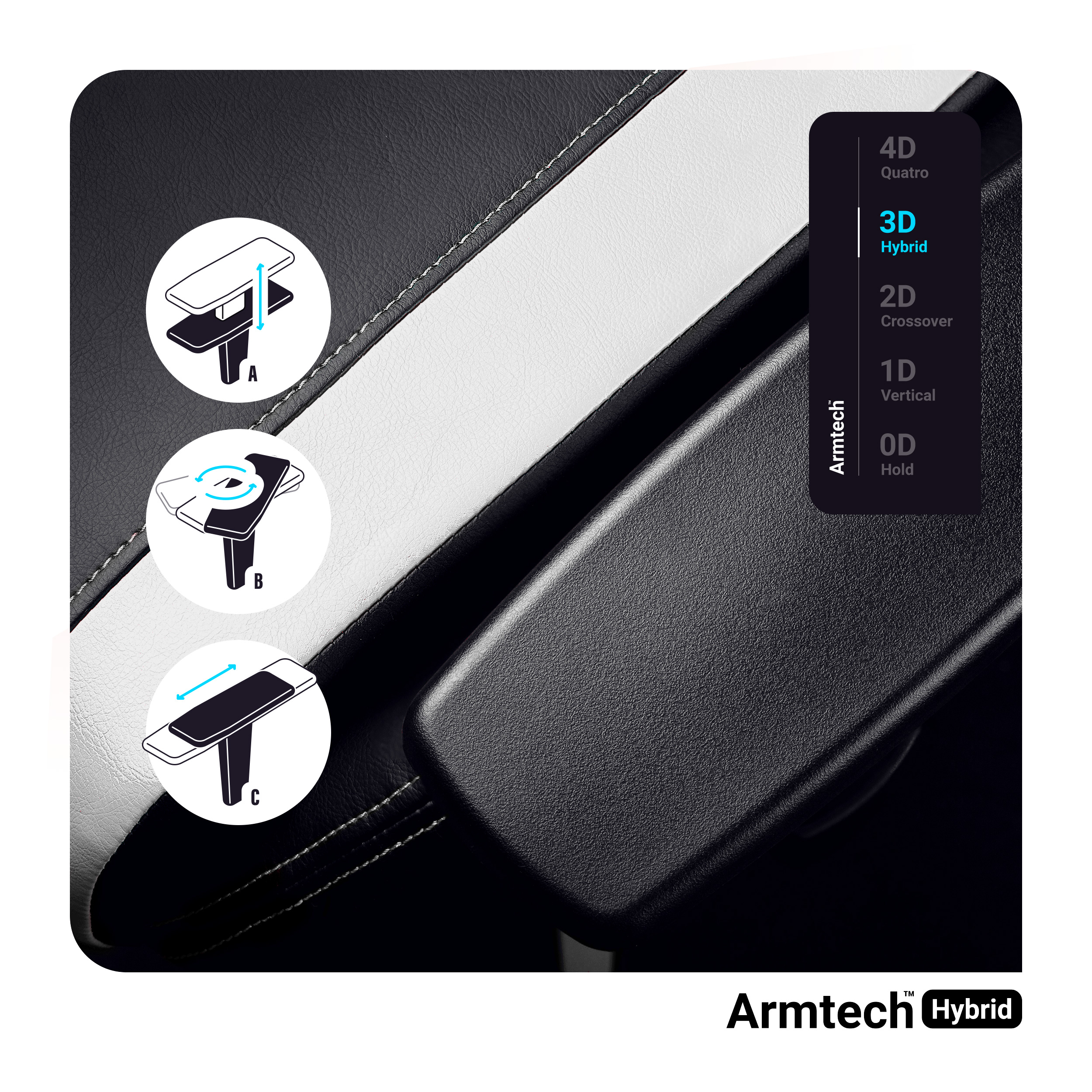 Zbliżenie czarno-białego podłokietnika krzesła z diagramami pokazującymi regulacje.