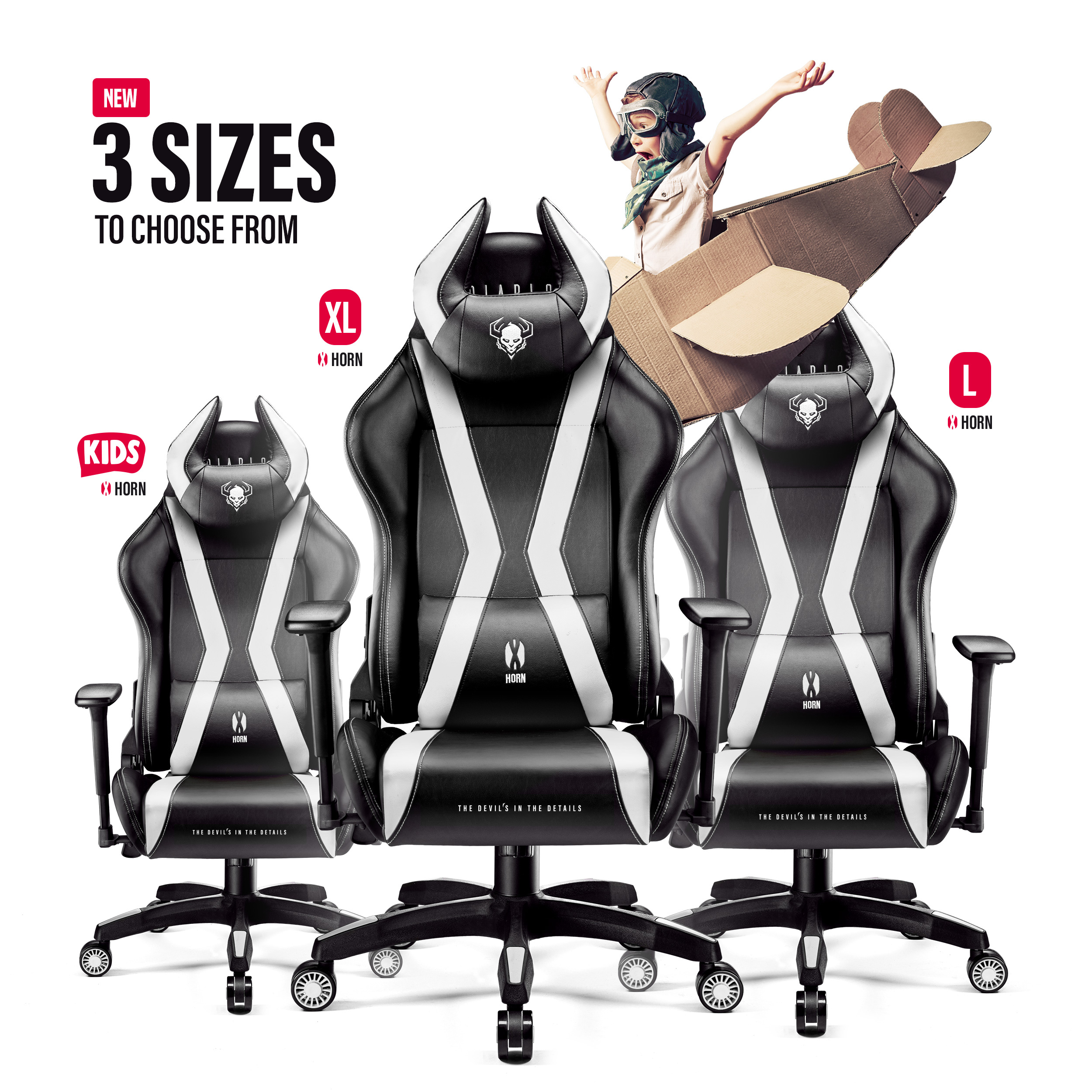 Drei Gaming-Stühle in verschiedenen Größen (Kids, L, XL) mit einem Kind in einem Papierflugzeug.