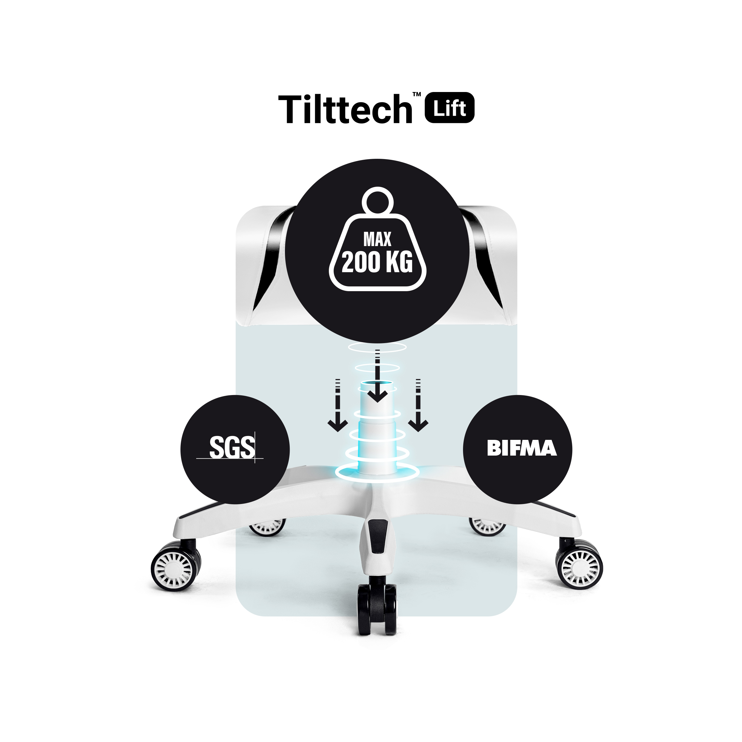 Białe krzesło biurowe z czarnymi akcentami. Ilustracja maksymalnego udźwigu i certyfikatów bezpieczeństwa.