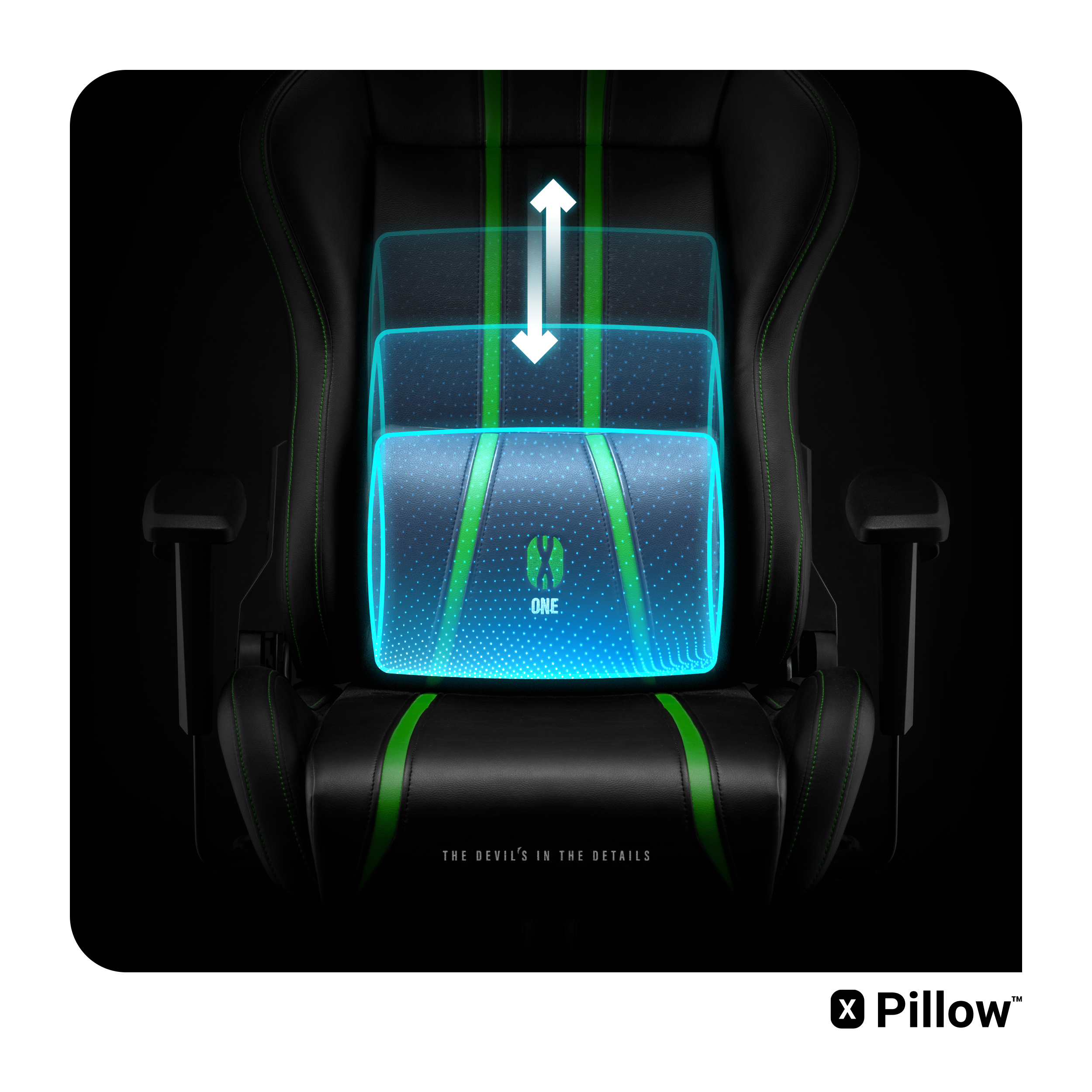 Krzesło gamingowe z zielonymi akcentami. Niebieskie światło podkreśla regulację podparcia lędźwiowego. Czarne tło i tekst.