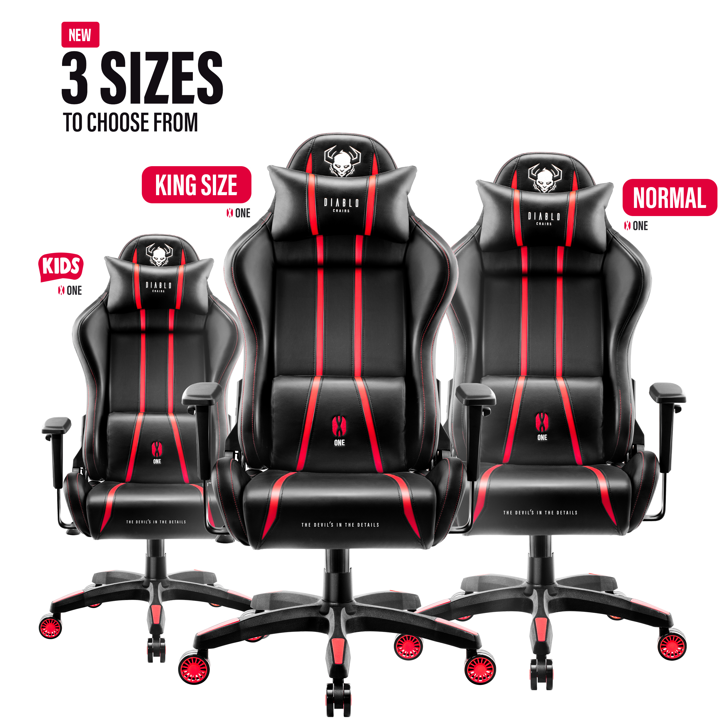 Drei schwarz-rote Gaming-Stühle in verschiedenen Größen, mit dem Diablo-Logo auf der Kopfstütze.