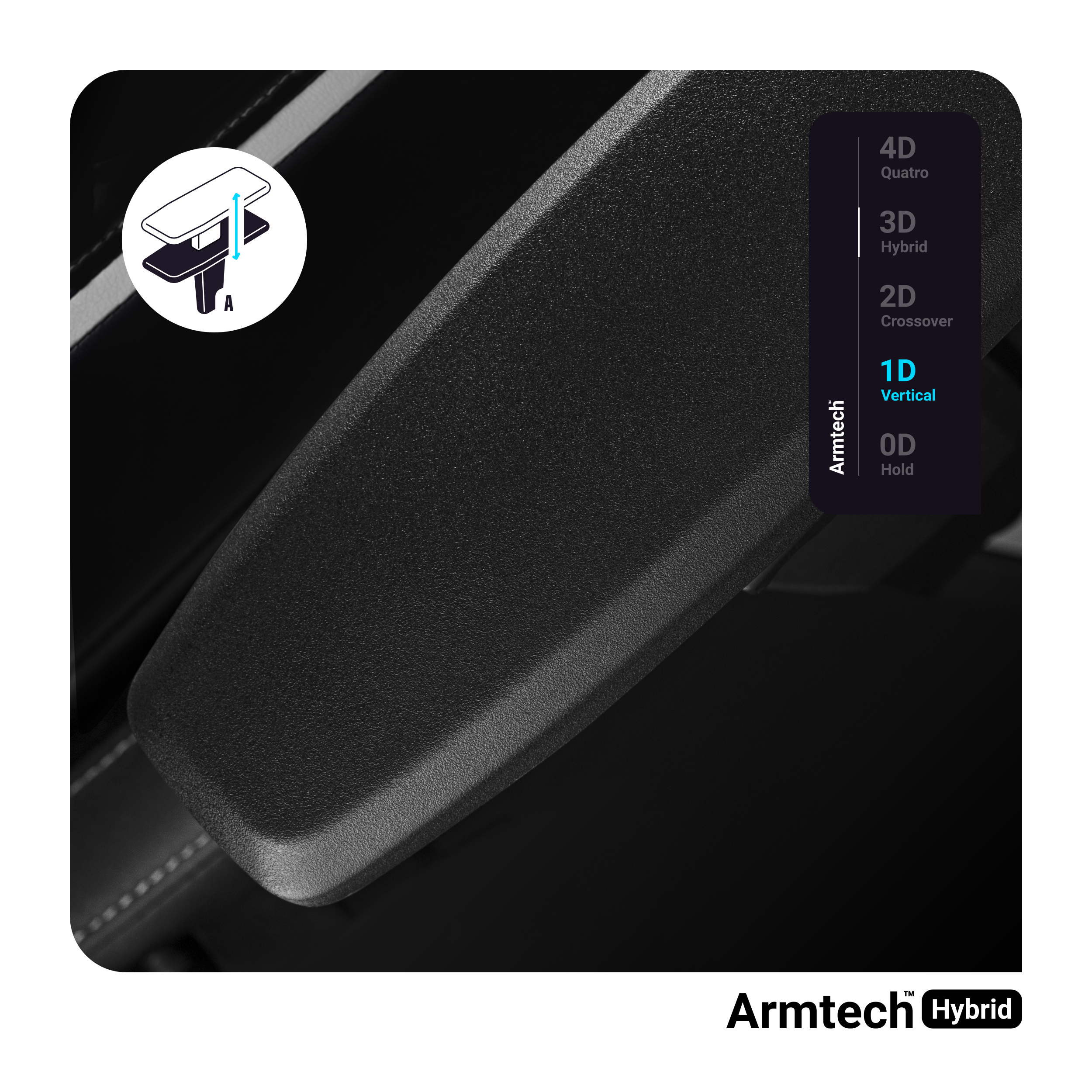Czarny podłokietnik samochodowy z diagramem pokazującym różne poziomy regulacji.