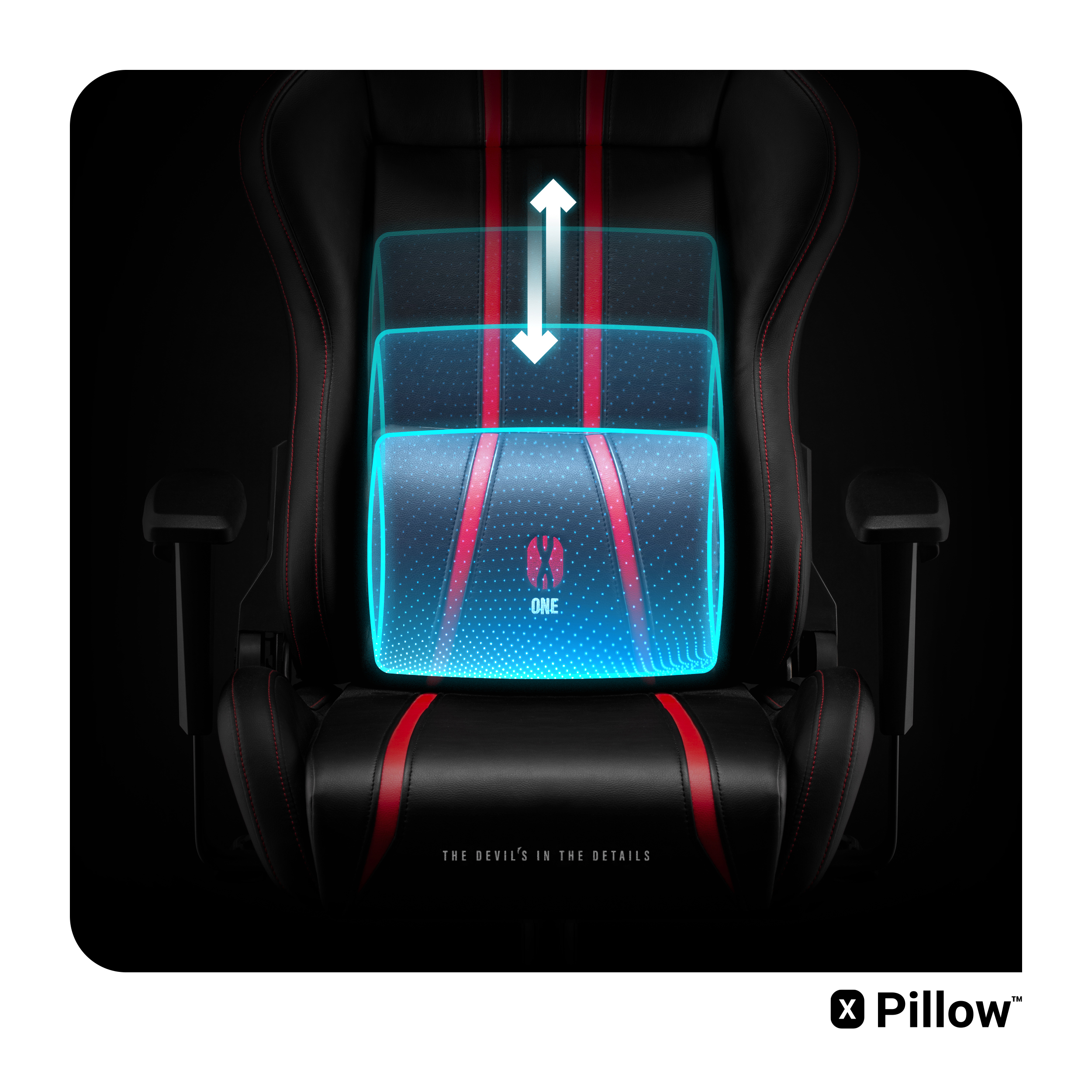 Krzesło do gier z niebieskim podświetleniem pokazującym szczegóły regulacji. Czerwone akcenty i logo X Pillow.