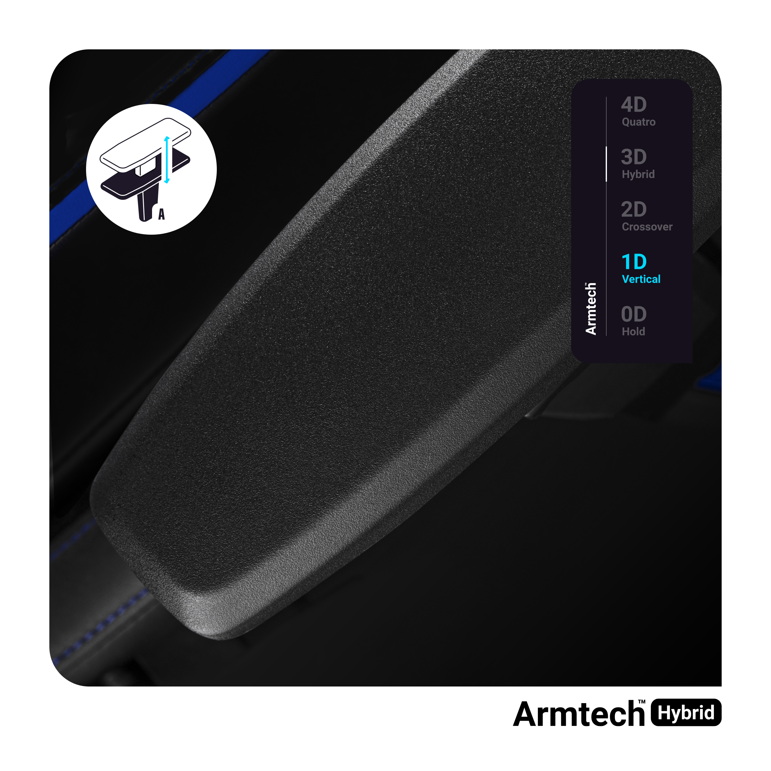 Czarny podłokietnik z różnymi opcjami pozycji oznaczonymi tekstami i ikonami.